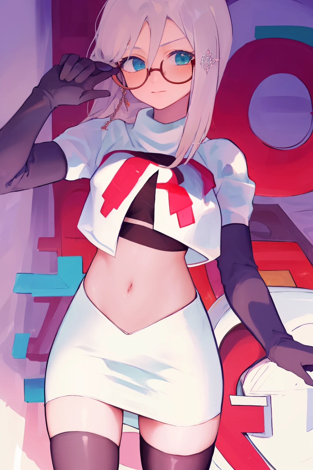 masterpiece, detailed, high quality, absurdres, aiaamare, 1girl, solo, glasses, cowboy shot,team rocket,team rocket uniform, red letter R, white skirt,white crop top,black thigh-highs, black elbow gloves,