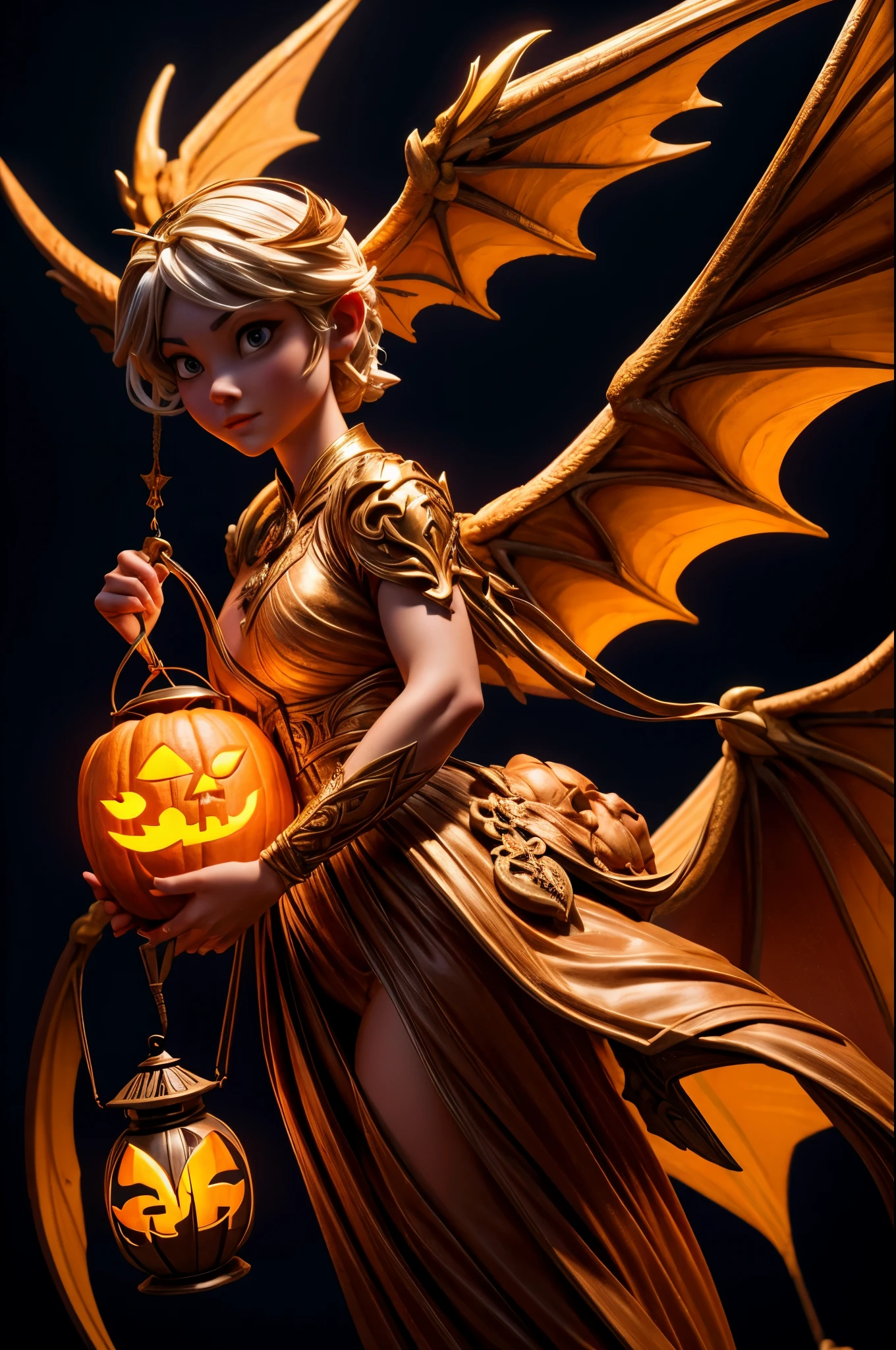 best quality, 32k, RAW photo, extremely detailed, artwork, an Angel holding a artistic pumpkin lantern, the lantern carved with a dragon, artistic, clean lines, ambient light, dark background, light up, delicate, flashy and dynamic depiction