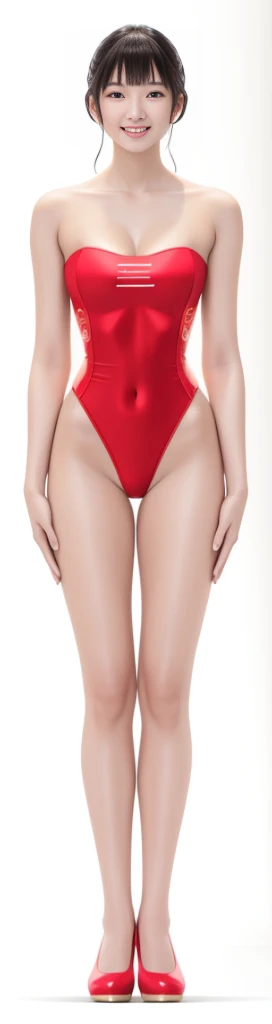 On a white background,A tall and beautiful Chinese girl,with fair skin,Toothy smile,A big smile,When you laugh, Your eyes are crescent-shaped,blunt bangs, long straight hair,Wear a one-piece swimsuit and pumps,Swimsuits are decorated with joyful patterns, Stand up straight,Stand upright,hands on sides,Symmetrical distribution,Ray tracing,All shaded areas,No windows, Soft lighting, Warm light, flood light, no lights on the top, Studio light, 1.4x Realistic Ultra HD