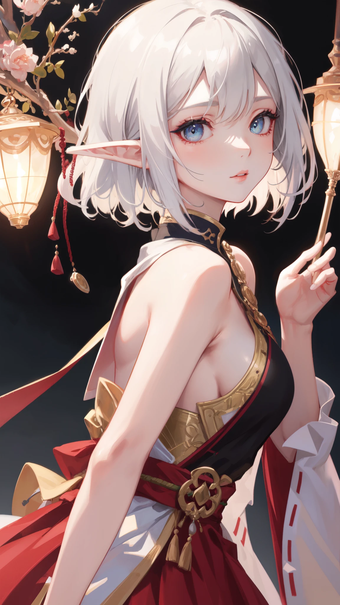 ((masterpiece )), (top quality), (best quality), ((ultra-detailed, 8k quality)), Aesthetics, Cinematic lighting, (detailed line art), Beautiful digital artwork, Exquisite digital illustration，painting, 
BREAK,
Painting of a elf girl with white hair sitting on a branch，Onmyoji detailed art，a beautiful artwork illustration，mythological creatures, Inspired by the mythical creature wildnet，Digital art on Pixiv，strong lights，hight contrast，Horror movie theme，Dark atmosphere，Standing ,
BREAK,
highly detailed of (elf), (1girl), perfect face, details eye, Bob cut hair, blue eyes, eyelashes, eyeshadow, pink eyeshadow, light smile, design art by Artgerm, by Kawacy, By Yoshitaka Amano,
BREAK, 
((perfect anatomy)), nice body, medium breast, extremely detailed finger, best hands, perfect face, beautiful face, beautiful eyes, perfect eyes, perfect fingers, correct anatomy, 