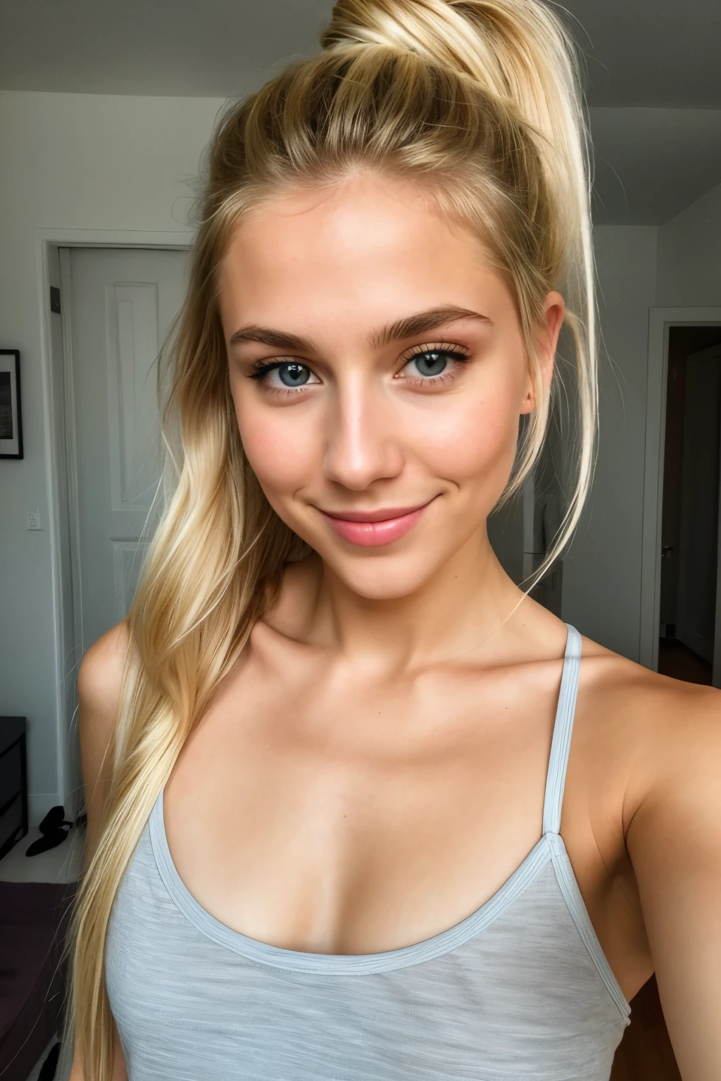 21, young, hot , blonde hair, long hair, skinny, blue eyes, ponytail, naughty, smiley, licking lips, Surrealism, UHD, anatomically correct, 4K, high quality, textured skin, super detail, fotorealistisch, best quality, hyperdetailliert, Gorgeous woman, sommersprossen, mirror selfie, frisch, Schlafzimmer, Bett, Zahn, analoger Stil, Ansicht des Betrachters, Hauttextur, Filmkorn, Nahaufnahme, ultra high resolution, bester Schatten, ROH, Instagram-LUT, super model, beautyful face