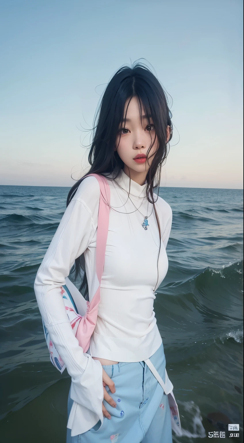 tall woman standing in the water with her hands on her waist, em camisa branca de gola alta, Xintong Chen, gema chen, Ulzzang, wenfei you, Lulu Chen, Xisionwu, bae suzy, Junko Enoshima, chiho, primeira onda, penteado com corte hime branco, she is wearing streetwear, Chengyou Liu