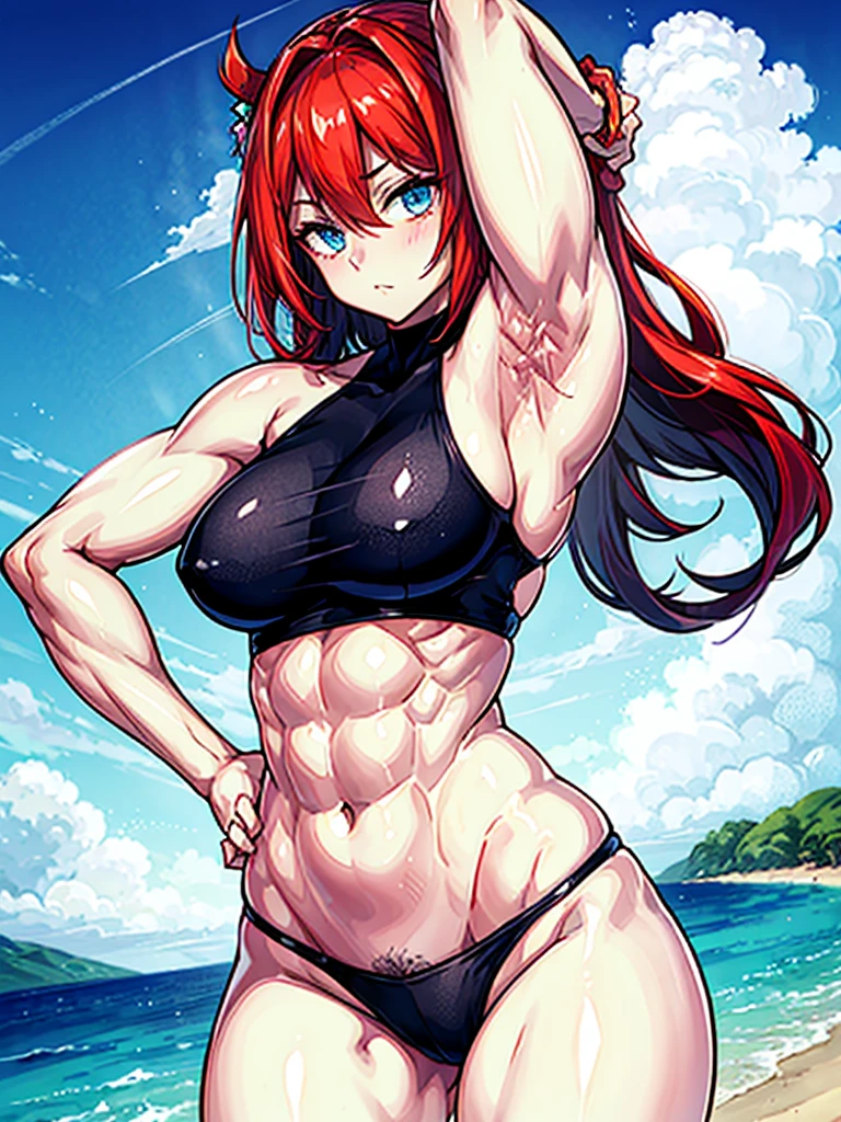 (((masterpiece、Highest image quality、highest quality、highly detailed unity 8kwallpaper)))、((Illustration of one girl))、(((beautiful girl)))、((red hair、Braid、sidelocks:1.2、blue eyes))、(((stocky build:1.5, thickset physique:1.6, muscular legs, broad shoulders, solid chest:1.5)))、(((Red hair、hairy armpits:1.4)))、(armpit hair:1.4)、swimsuit、sandy beach