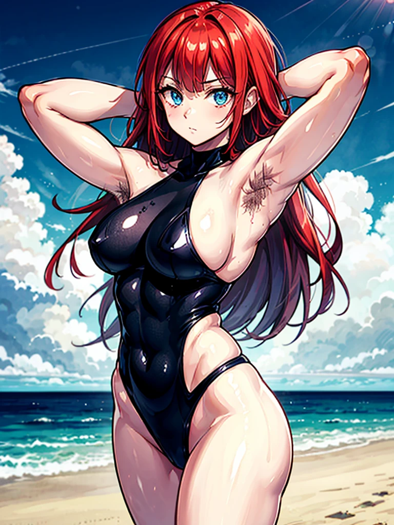 （（（masterpiece、Highest image quality、highest quality、highly detailed unity 8ｋwallpaper）））、（（Illustration of one girl））、（（（beautiful girl）））、（（red hair、Braid、sidelocks：1.2、blue eyes））、（（（stocky build：1.5, thickset physique：1.6, muscular legs, broad shoulders, solid chest：1.5）））、（（（Red hair、hairy armpits：1.4）））、(armpit hair:1.4)、swimsuit、sandy beach