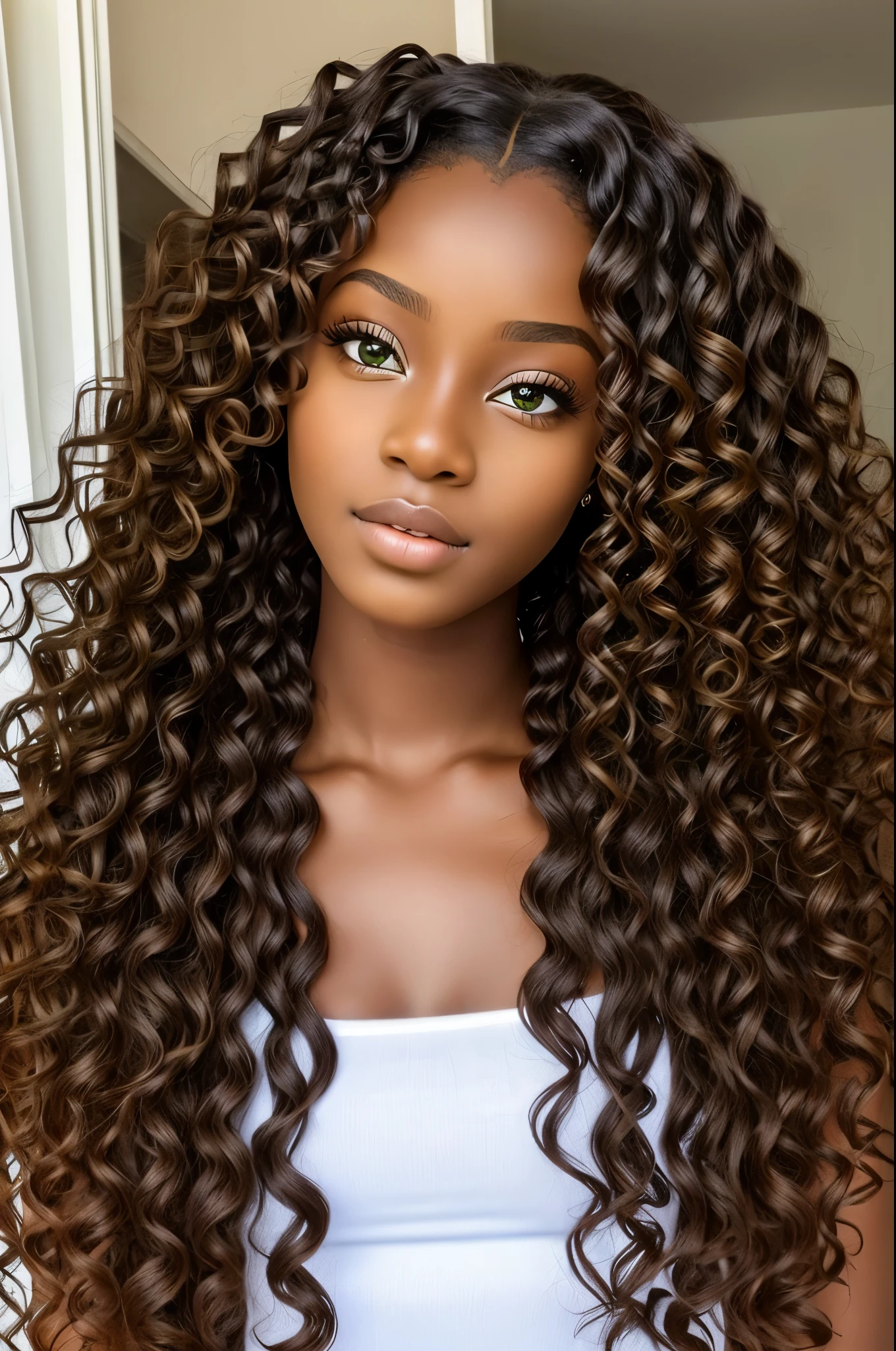 beautiful angolese girl, slanting eyes, green eyes, perfect face, very beautiful, long curly hair, teenager