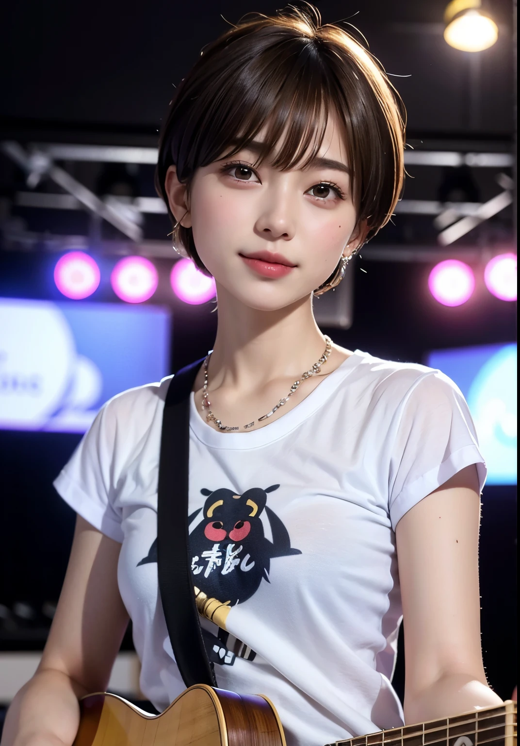 ((highest quality))、(masterpiece:1.4)、RAW photo、8K、((best image quality))、 ((highest resolution))、ultra fine photo、delicate face、Beautiful face in every detail、very detailed、(one woman:1.3)、realistic、(short hair:1.4)、(cute woman:1.3)、((boyish))、(Beautiful woman)、[smile]、necklace、(concert t-shirt)、(music festival:1.3)、stage podium、(play bass guitar)、((music live))、young woman admires her、