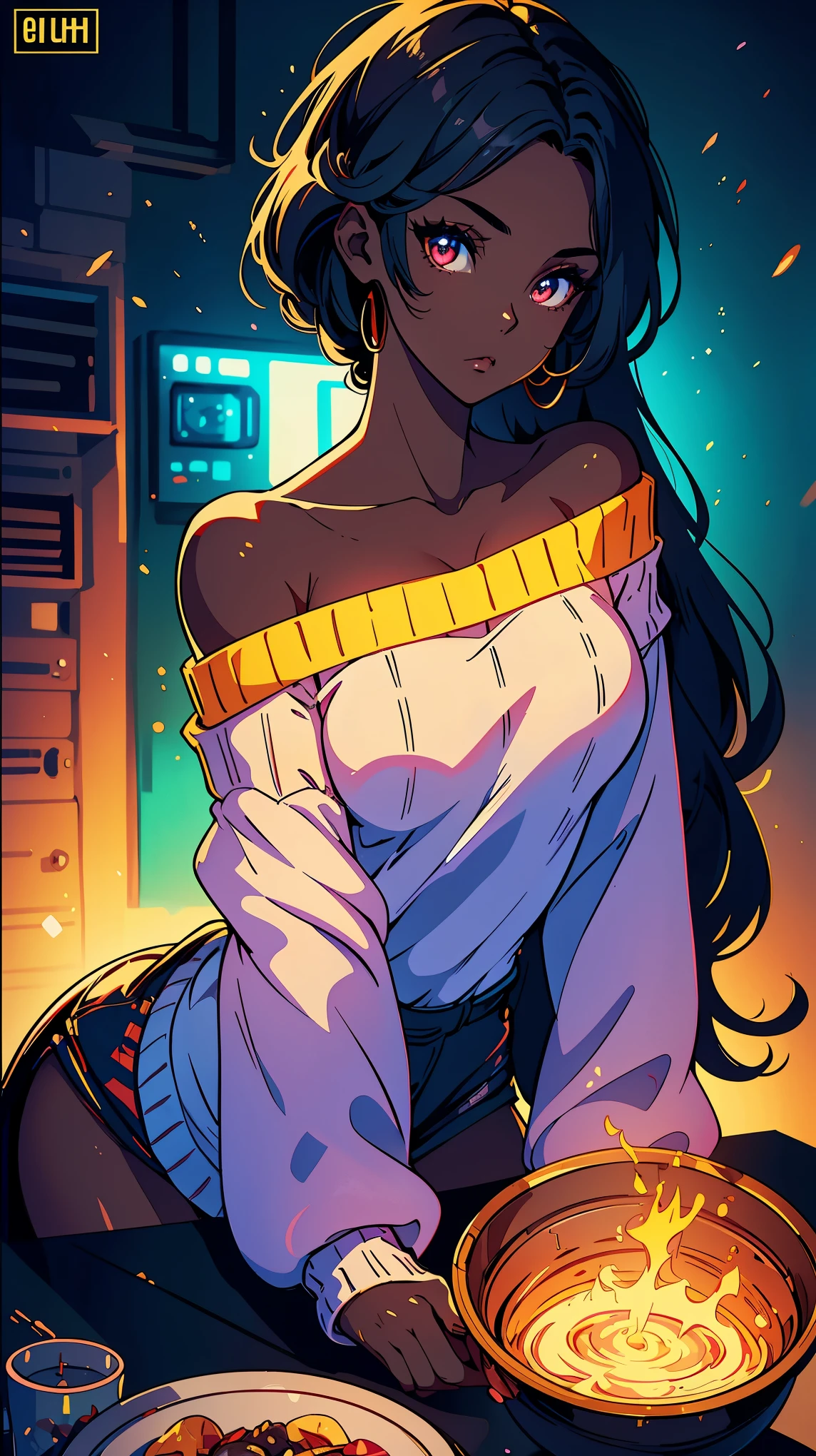 Upper body shot, ((beautiful woman with flawless dark skin)), long hair with gradient glow,electric colors, clearly defined facial features, big detailed eyes, ((( wearing an off the shoulder sweater))) glowing in the background, masterpiece, best high quality image,96k, uhd, depth of field, 1080P wallpaper, spotlight, character focus, high quality, insanely detailed, ray tracing ,UHD picture quality in the style of Amy Sol