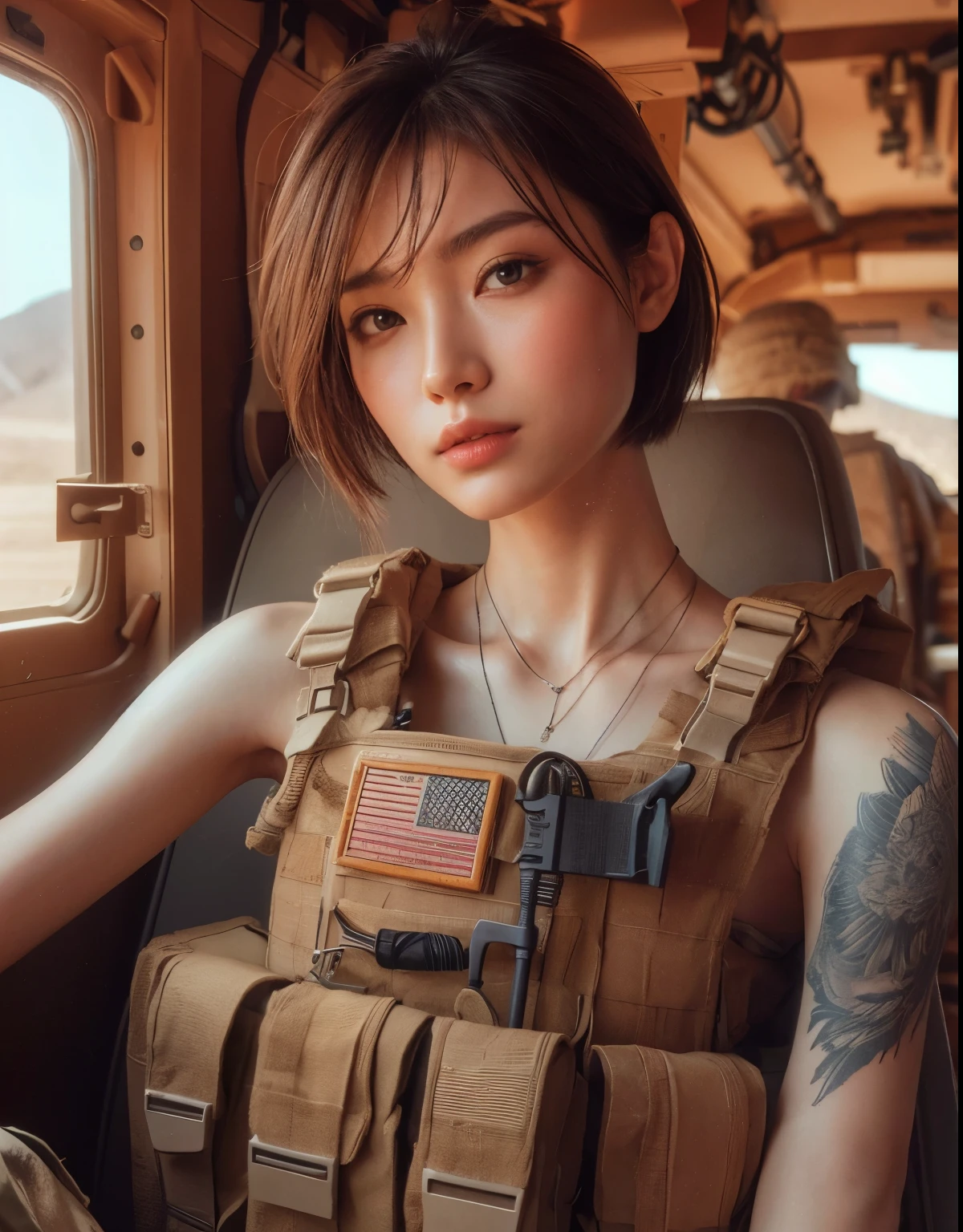 photorealistic、realistic skin texture、automatic rifle、tattoo