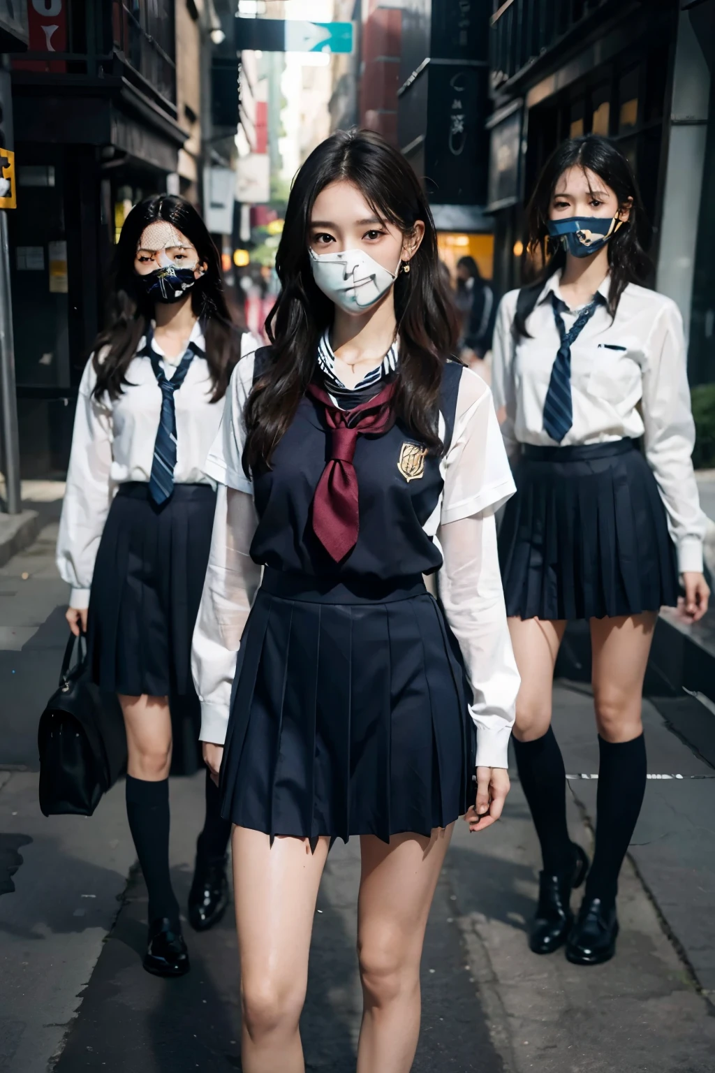 RAW photo, extremely delicate and beautiful, masterpiece, Best Quality, ultra high resolution, 16k, hyperrealistic, ultra-detailed, Very detailed CG 8k wallpaper, Beautiful Lighting, Perfect Lightning, Realistic Shadows, perfect anatomy, super Detailed skin, perfect figure, Japanese woman, in her 20s, very Slim body, narrow waist, very small head, handsome detailed woman, very detailed eyes and face, realistic face proportions, Stunning detailed eyes, Realistic beautiful face, very small face, Realistic small beautiful eyes, double eyelids, makeup, tearful mole, mole on chest, earring, bare legs, beautiful and very thin legs, beautiful and very thin thighs, (very huge round breasts:1.3), (full body shot:1.3), short hair, wavy hair, sweat, (3 girls:1.5), (school uniform:1.3),