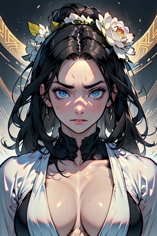 beautiful, masterpiece, background, highest quality, Detailed image, ((((((1 girl)))))), ((((((muscular)))))), (((portrait))), 1 girl, alone, detailed face, (golden blue eyes, big), (glossy red lips), (abundant, shiny long black hair), pale skin, female focus, perfect eyes, Crystal clear white skin, Day々, 暖かいDay差し, atmosphere,
