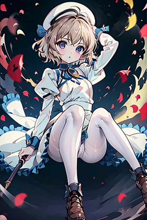 masterpiece, highest quality,
Kotoko Iwanaga,
be familiar with, alone, whole body, shortening, dynamic pose, intense angle,
be familiar with eyes, beautiful eyes, shining eyes, prosthetic leg, light brown hair, purple eyes, short hair,
black bow, blue skirt, hair ribbon, juliet sleeves, long sleeve, petticoat, puffy sleeves, white long skirt dress,short boots, white hat, night, moon, building, night street, Spotlight, Volumetric lightning,