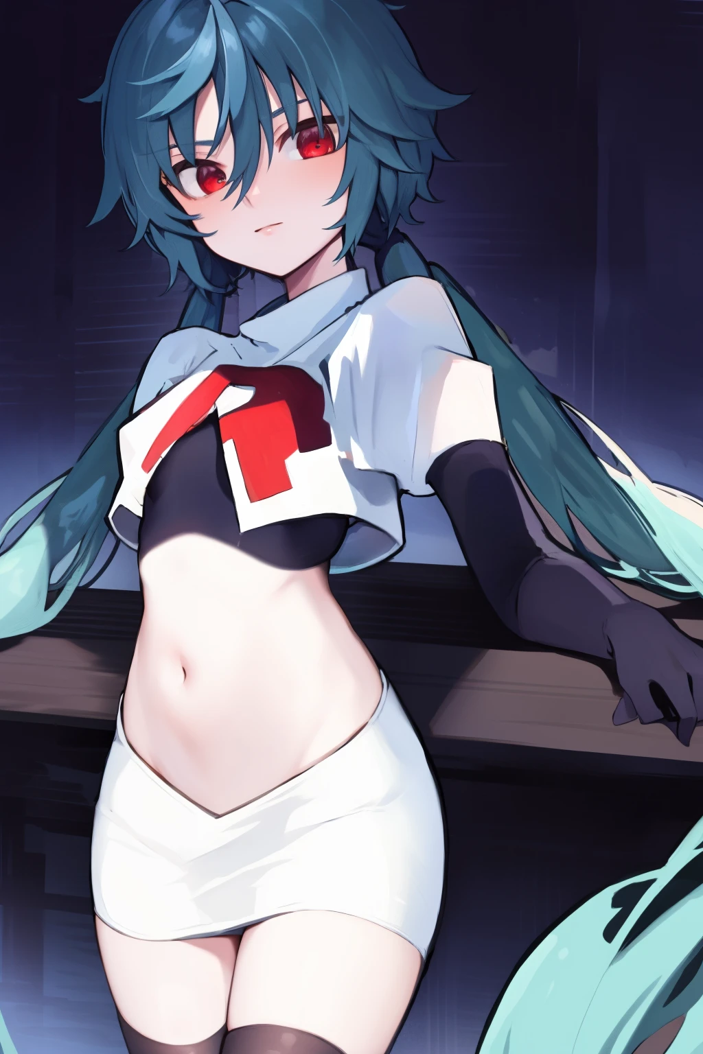 masterpiece, detailed, high quality, absurdres, yuko, 1girl, solo, low twintails, absurdly long hair, small breasts, curvy, looking at viewer, cowboy shot,team rocket,team rocket uniform, red letter R, white skirt,white crop top,black thigh-highs, black elbow gloves,