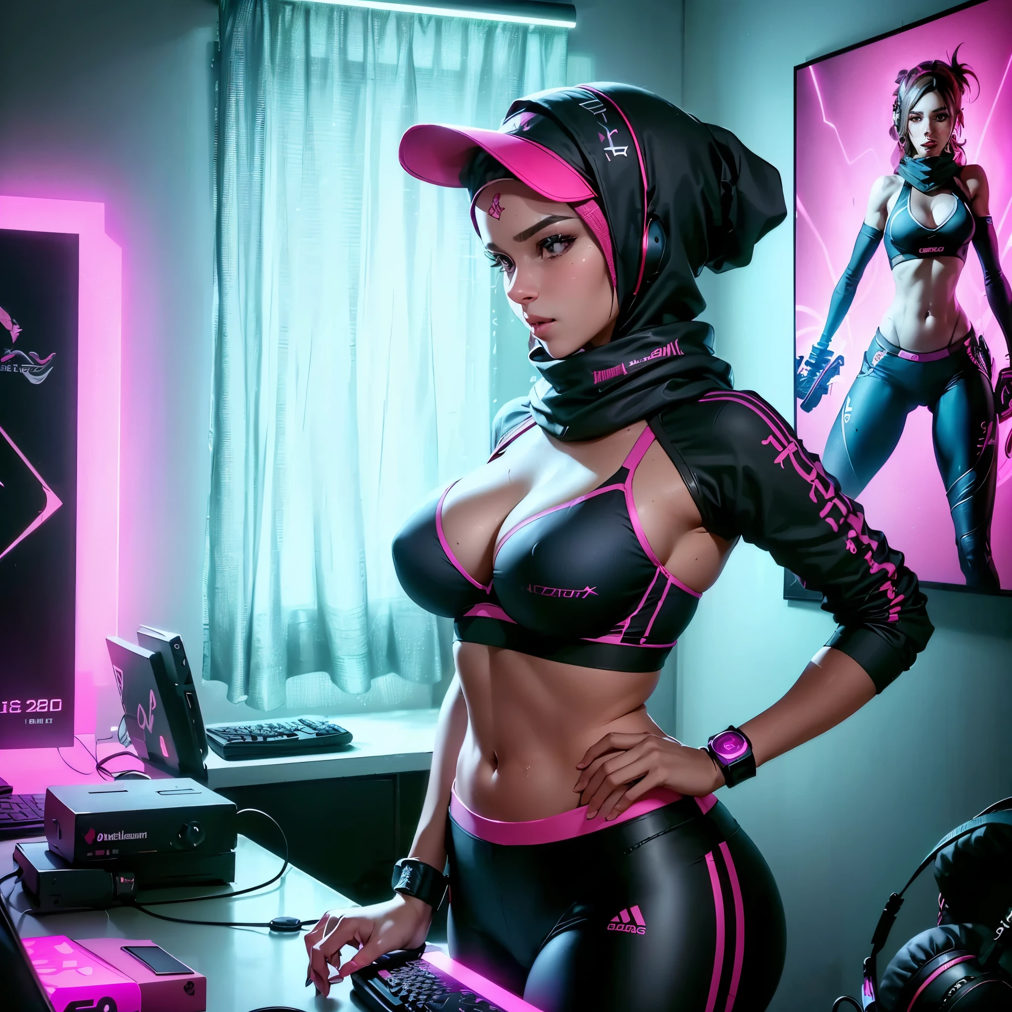 Capture the essence of a woman passionately immersed in the world of gaming while proudly wearing luxury sport hijab, luxury sport bra with neon effect and sport skirt, wear headphone. show her cleaveage. Set the scene in a comfortable, well-lit room with a modern and stylish setup. The room is decorated with gaming posters, LED lights, and a few gaming collectibles placed strategically around her setup, room full of gaming gear, expressing her passion for gaming. A headset rests nearby, indicating her dedication to clear communication during gameplay. Above all, convey a sense of empowerment and pride in her identity as a gamer, highlighting how she breaks stereotypes by confidently showcasing her love for gaming while wearing her hijab. In the background, a cozy atmosphere is depicted with soft furnishings and warm colors. The room feels inviting and personalized, showing a glimpse of her personality beyond gaming. masterpiece, best quality:1.2),(8k,highres,RAW photo,realistic,photo-realistic:1.3),(detailed skin texture,detailed cloth texture,beautiful detailed face:1.25),professional lighting,photon mapping,beautiful soft light,radiosity,physically-based rendering,model shoot style, model shoot style, (extremely detailed CG unity 8k wallpaper), full shot body photo of the most beautiful artwork in the world, complex 3d render ultra detailed, looking at viewer, 18 yo, real human skin, vibrant details, hyperrealistic, beautiful, octane render, an extremely delicate and beautiful, extremely detailed ,CG ,unity ,wallpaper,Amazing, finely detail,official art,extreme detailed eyes, (perfect face), shiny skin, colorful, highest detailed, vibrant colors, ultra high res, (high contrast), intricate, lens flare, nipple