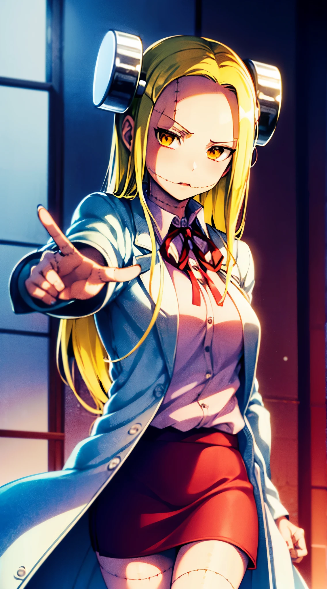 Madaraki_Fran,young woman,costs,((((wearing a white lab coat)))),((gestures aggressively)),long hair,yellow hair,seams,Scars on the body,(angry),speaks to a person