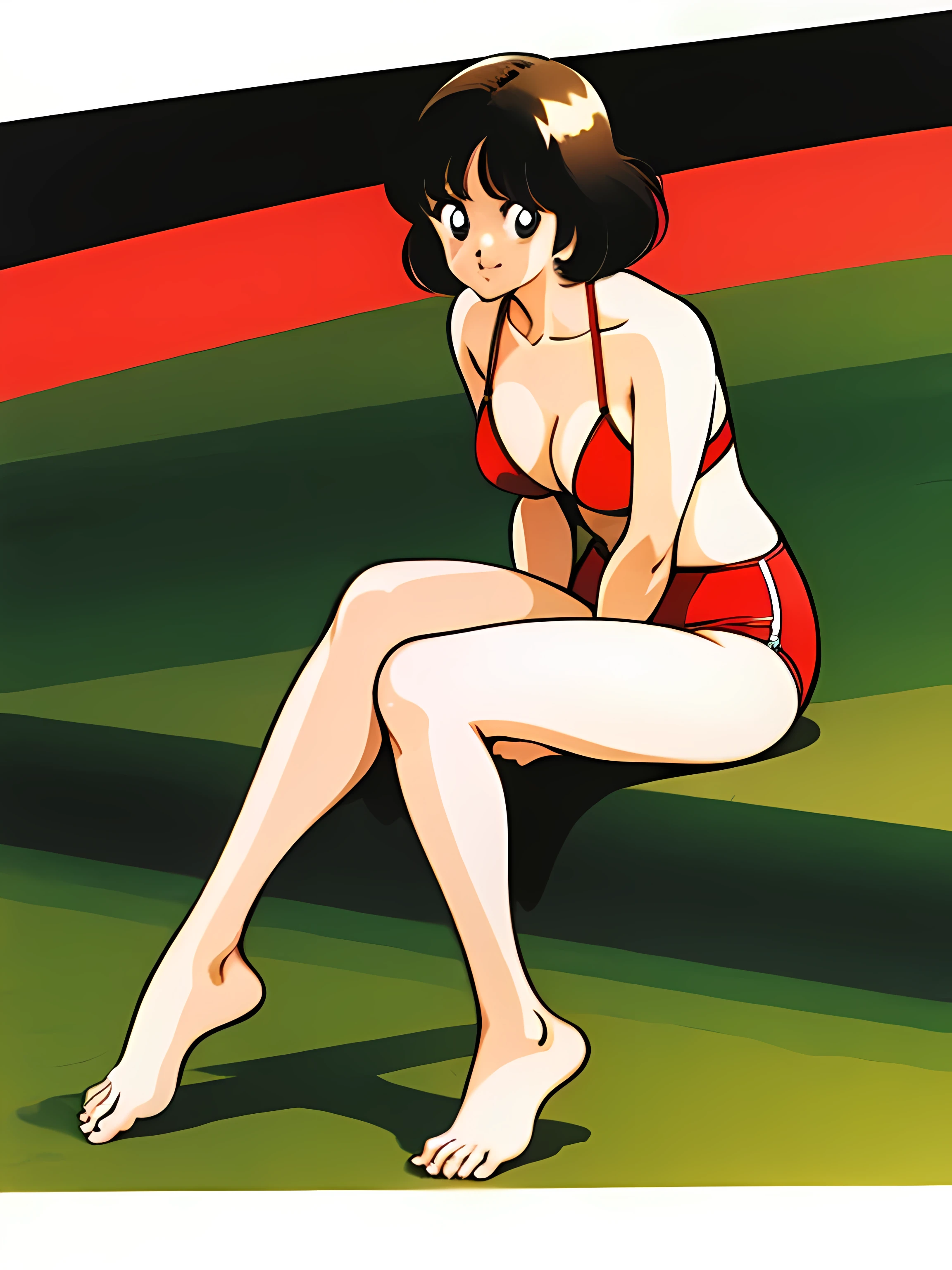 1 girl, alone, swimsuit, bikini, red bikini, black hair, barefoot, short hair, sitting, simple background, retro artstyle, looking at the viewer, black eye, white background, whole body, 1980s (style), chest,
