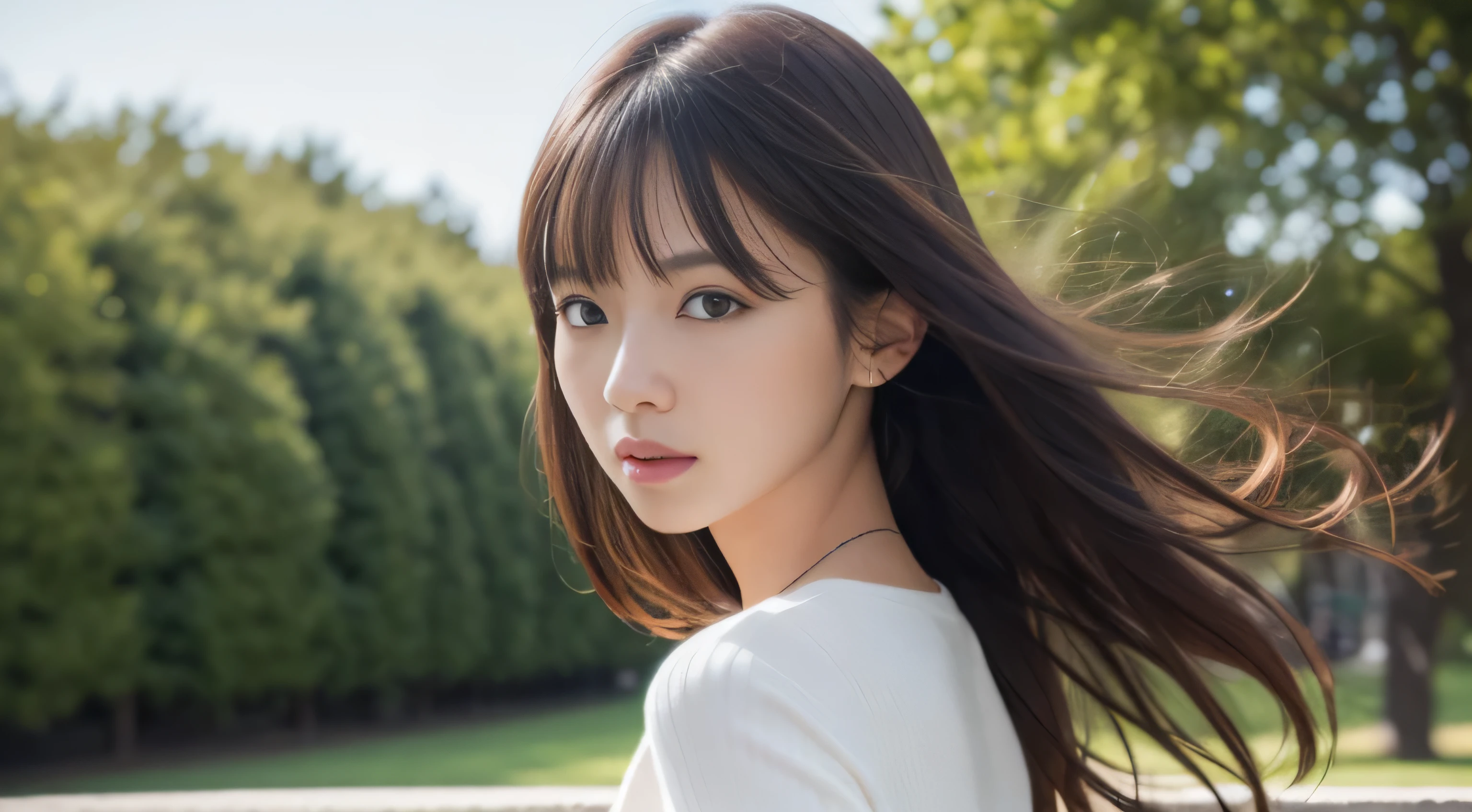 ((best image quality、highest quality、Super high quality 1.5、Super high quality 1.5、32K、8K、ticker、RAW photo、very clear image、very clear image quality、Photoreal 1.3、Super detailed 1.2, small details, High resolution, wall , perfect dynamic composition, masterpiece, surreal,非常に詳細な CG Unity 32K wall紙,realistic pictures、real human being))、sexyなCカップ、sexy&22 year old beautiful girl with cute looks & かわいい美しいsexyな顔, The strong wind blows the hair in front of my face,(長い前髪に隠れた美しくキュートでsexyな目をした美しいブラウンのストレートヘア)