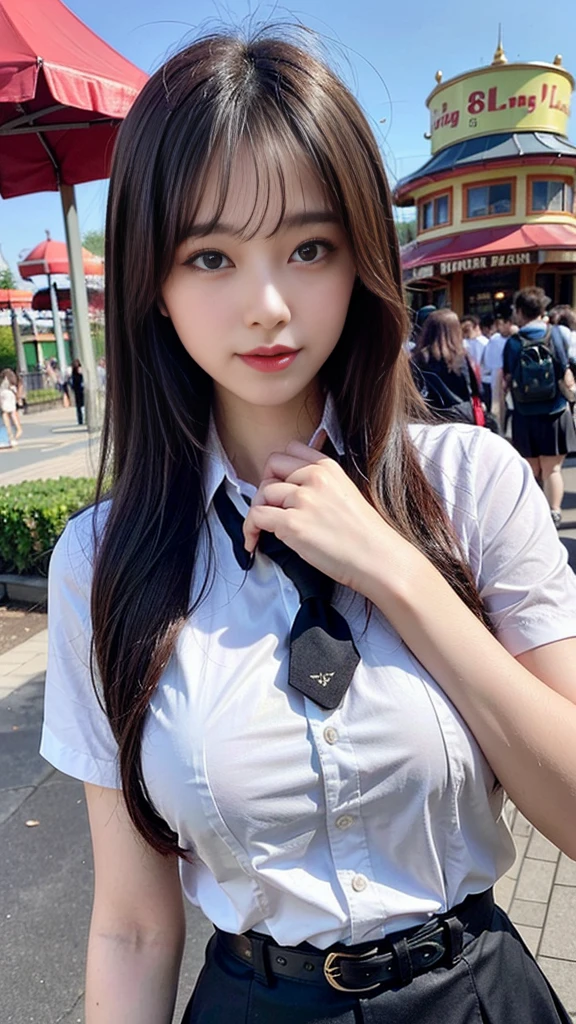 1 girl, beautiful, ((long hair, long hairมาก)), Amazing faces and eyes, put on makeup, ลิปกลอสสีแดงละเอียดละเอียดใบหน้าbeautiful), (Look sexiest), (beautiful big breasts:1.6), ((School uniform, Black pencil skirt:1.2,)), White shirt, black leather skirt, Student Belt, (best quality:1.4), (Very detailed), (วอลล์เปเปอร์ CG รวม 8k ที่มีรายVery detailed), Highly detailed, raw photos, Professional photography, ((Crowded amusement park)), roller coaster, Ferris wheel, stand, (((stand, ขายาวbeautiful)), The scenery is like a scene from a movie.,