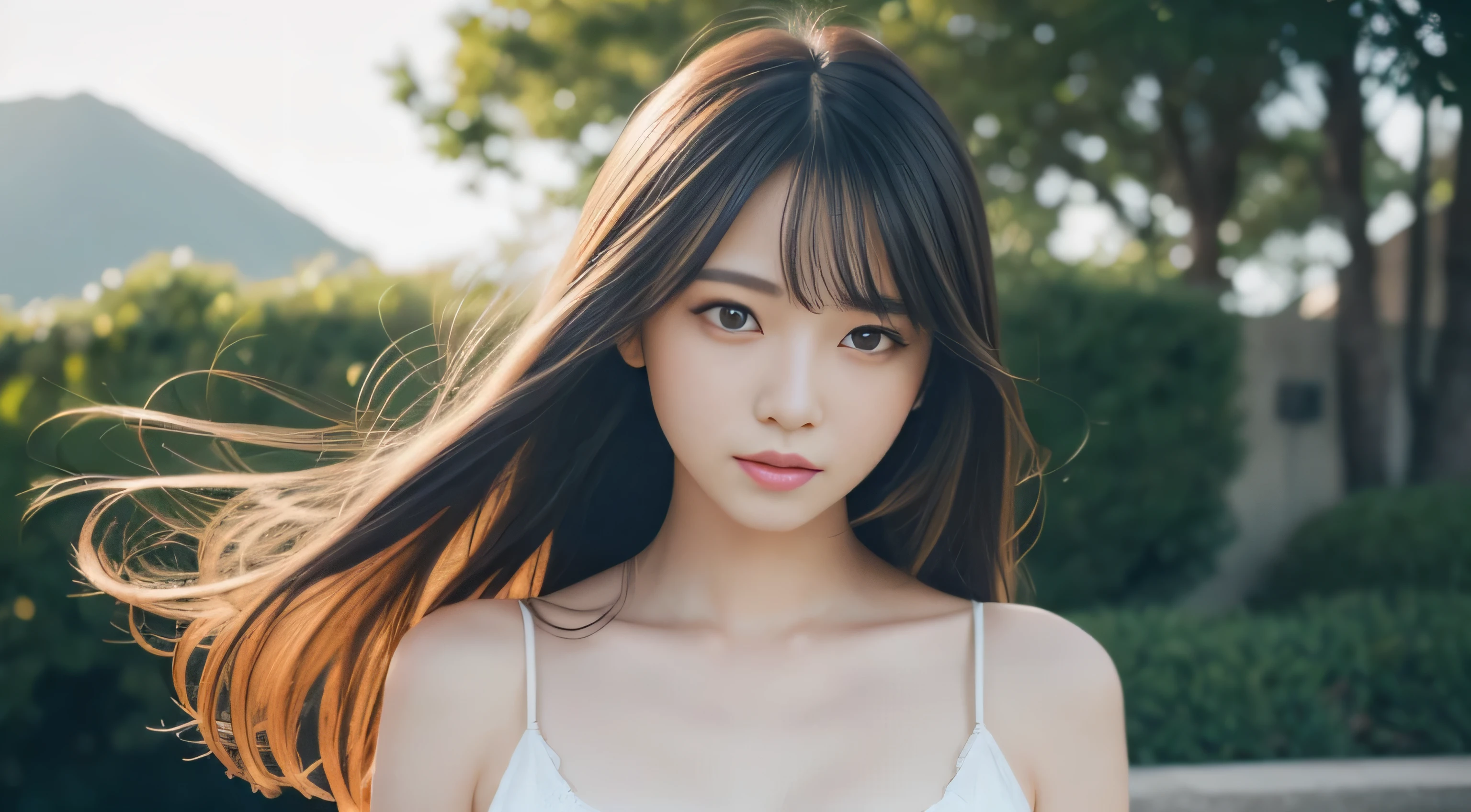 ((best image quality、highest quality、Super high quality 1.5、Super high quality 1.5、32K、8K、ticker、RAW photo、very clear image、very clear image quality、Photoreal 1.3、Super detailed 1.2, small details, High resolution, wall , perfect dynamic composition, masterpiece, surreal,非常に詳細な CG Unity 32K wall紙,realistic pictures、real human being))、sexyなCカップ、sexy&22 year old beautiful girl with cute looks & かわいい美しいsexyな顔, The strong wind blows the hair in front of my face,(長い前髪に隠れた美しくキュートでsexyな目をした美しいブラウンのストレートヘア)