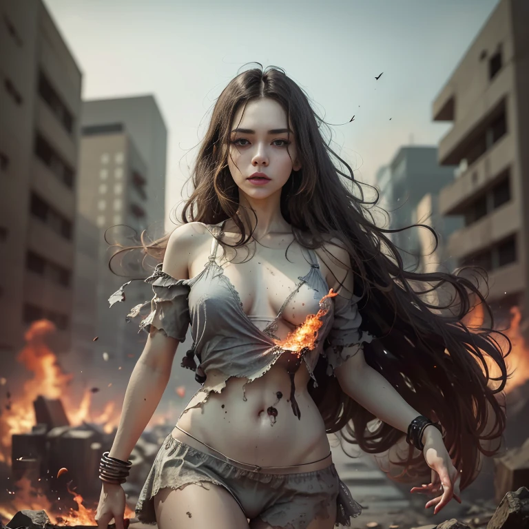 sunny mid day,8K clarity,Cinematic light and shadow,one girl,looking camera,She wore summer dress, dress dirty and torn that reveal underwear,she got a fireweapon,Run away , group of zombies chasing her, on back ground Flames and general destructionof of city