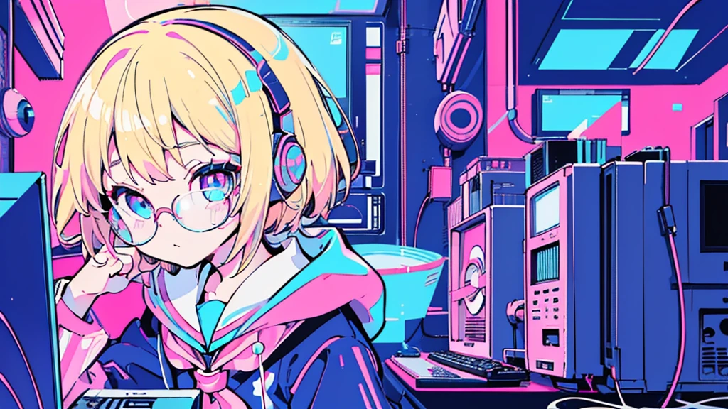 (petite girl, blonde hair, blue eyes, sailor suit, glasses, headphone, kawaii), (pink cyberpunk, room with big monitors, pink neon), (low contrast, flat color, limited palette)