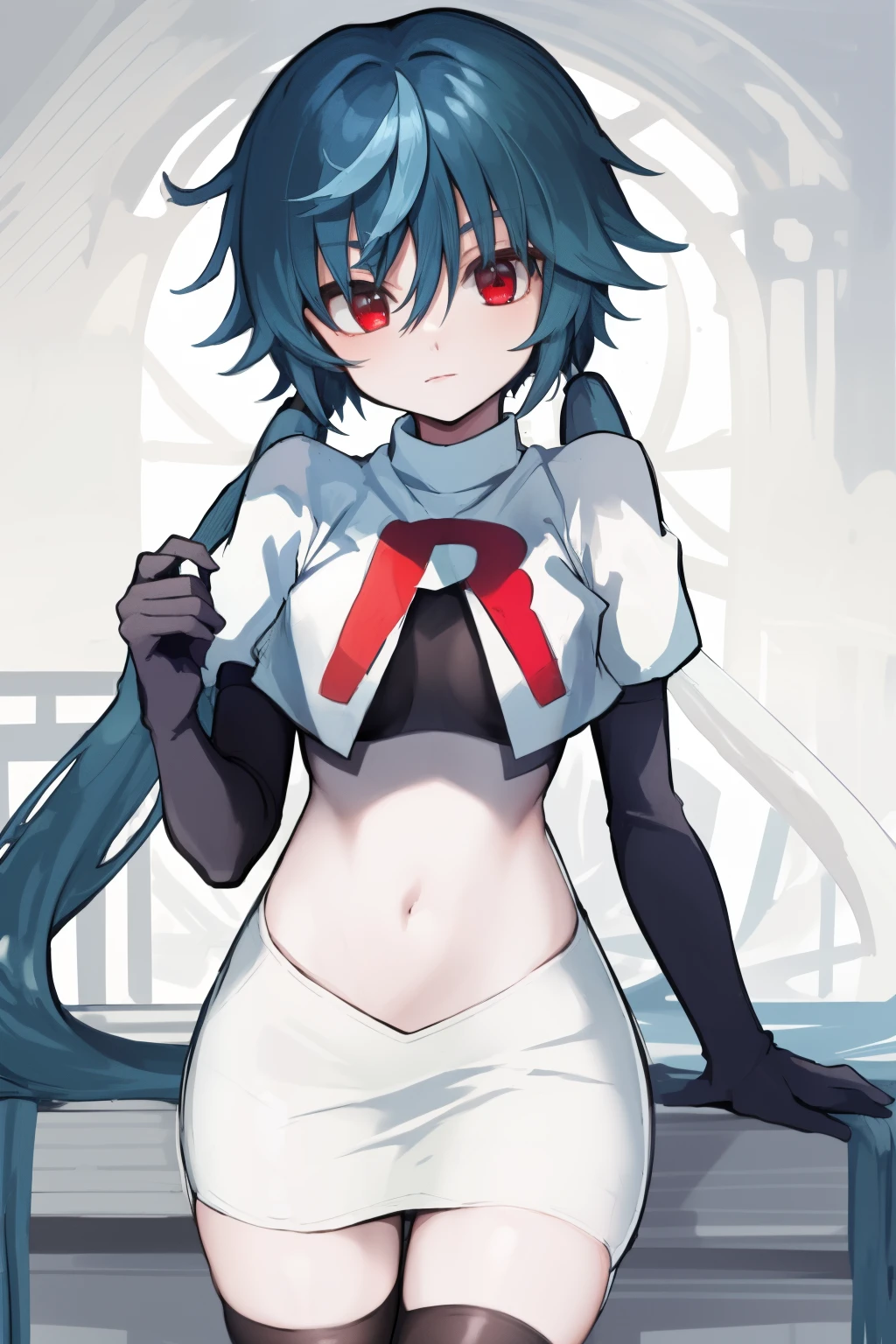 masterpiece, detailed, high quality, absurdres, yuko, 1girl, solo, low twintails, absurdly long hair, small breasts, curvy, looking at viewer, cowboy shot,team rocket,team rocket uniform, red letter R, white skirt,white crop top,black thigh-highs, black elbow gloves,