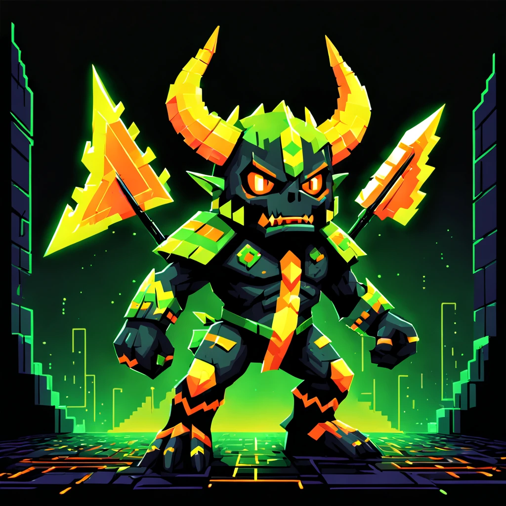 8-Bit Arrow Demon that is yellow with neon green markings and orange block scales, background neon night, in eldritch cartoon arts tyle