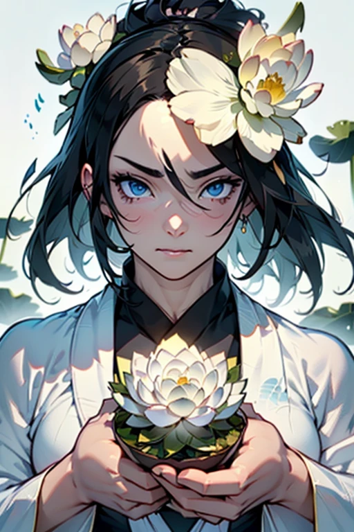 ((( bewitching look))), beautiful, masterpiece, background, highest quality, Detailed image, ((((((1 girl)))))), ((((((muscular)))))), (((portrait))), 1 girl, alone, detailed face, abundant, shiny black hair, female focus, perfect eyes, Crystal clear white skin, Day々, 暖かいDay差し, atmosphere, (transparent white silk robe), (Wearing gorgeous ancient Buddhist ornaments), (A number of exquisite white lotus ornaments々),
