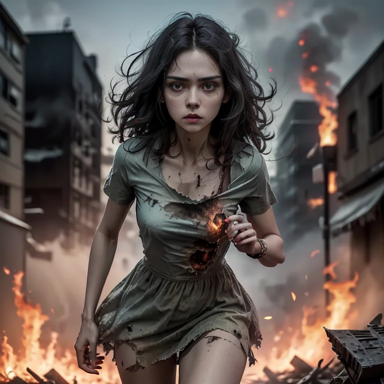 sunny mid day，8K clarity，Cinematic light and shadow，one girl,looking camera,She wore summer dress, Torn T-shirt:1.8 reveal underwear,she got a fireweapon，Run away , group of zombies chasing her, on back ground Flames and general destructionof of city