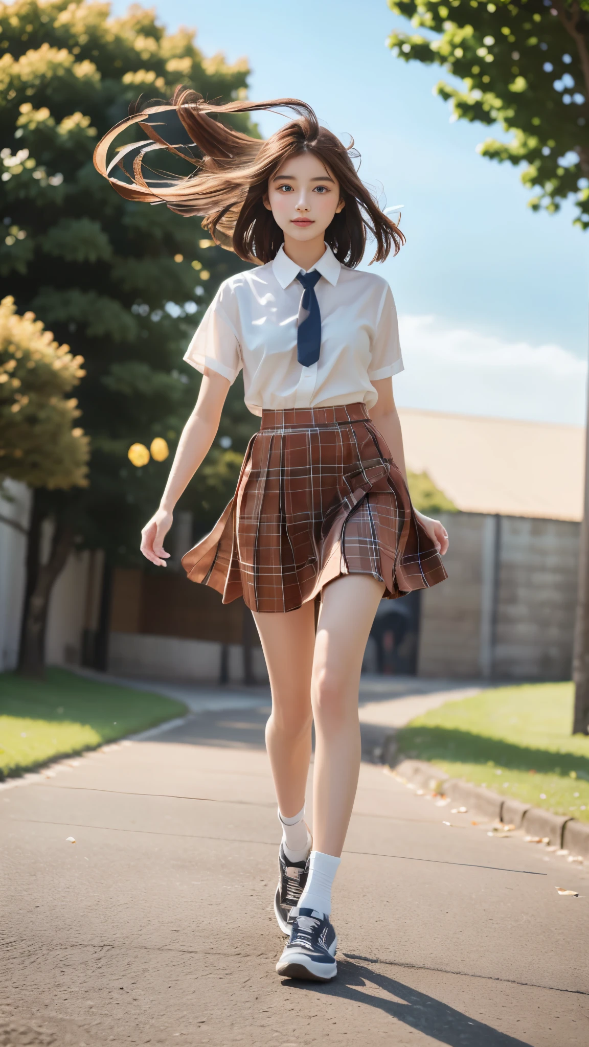 (((Perfect anatomy of an 18 year old girl、It's not a malformation)))、((white fabric small pants))、((Full body shot))、Korean beautiful girl in uniform、small face、Teeth visible with a smile、middle size breasts、complete limbs、(plaid pleated skirt)、(The skirt flutters in the wind:1.8)、(short open collar school shirt),(Ribbon tie:1.4)、small face、Detailed black eyes、double eyelid、Realistic、disheveled brown hair、medium short hair、muscular bare legs、Panty shot、sneakers、outdoor、school background、(strong wind from below:1.4)