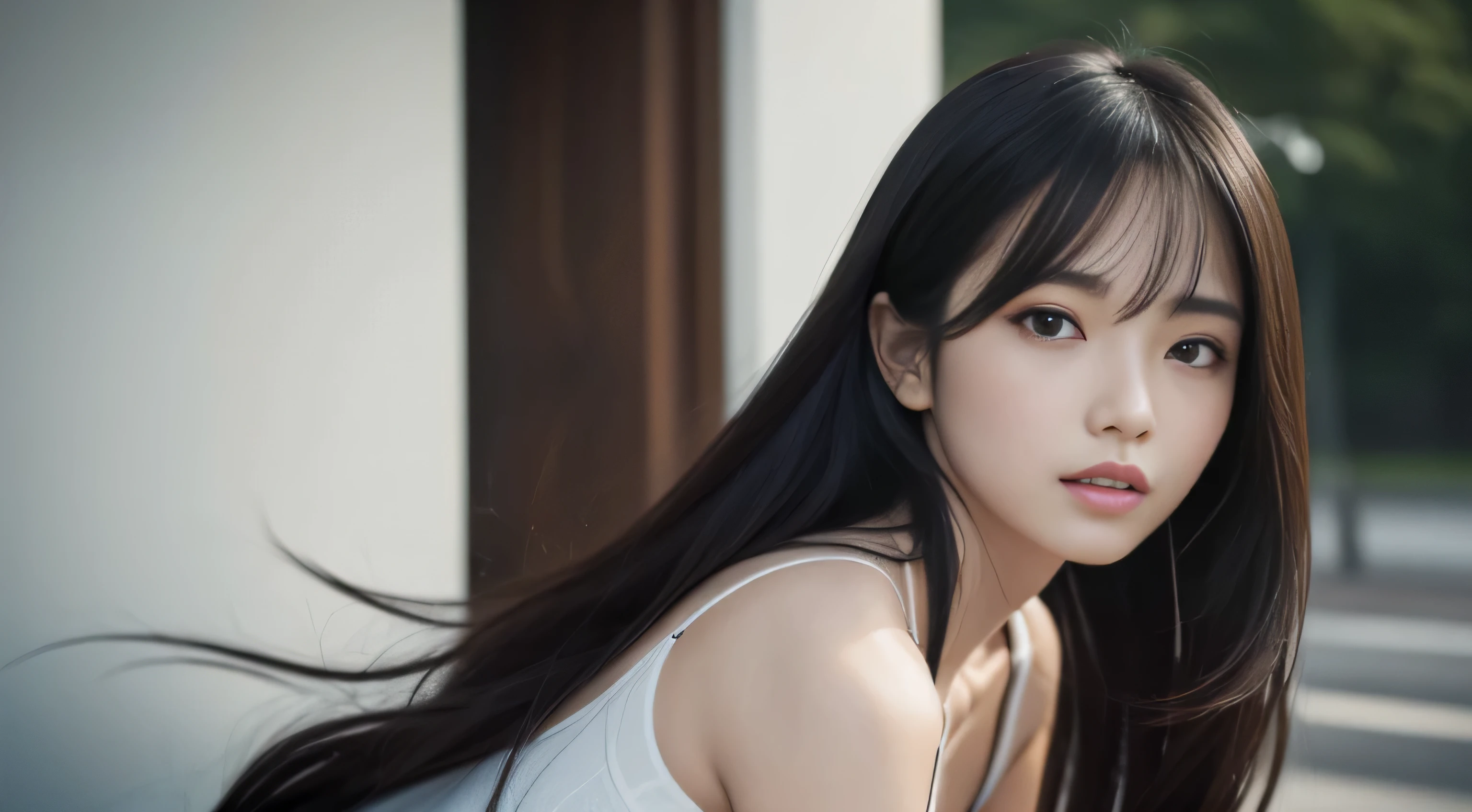 ((best image quality、highest quality、Super high quality 1.5、Super high quality 1.5、32K、8K、ticker、RAW photo、very clear image、very clear image quality、Photoreal 1.3、Super detailed 1.2, small details, High resolution, wall , perfect dynamic composition, masterpiece, surreal,非常に詳細な CG Unity 32K wall紙,realistic pictures、real human being))、sexyなCカップ、sexy&22 year old beautiful girl with cute looks & かわいい美しいsexyな顔, The strong wind blows the hair in front of my face,(長い前髪に隠れた美しくキュートでsexyな目をした美しいブラウンのストレートヘア)