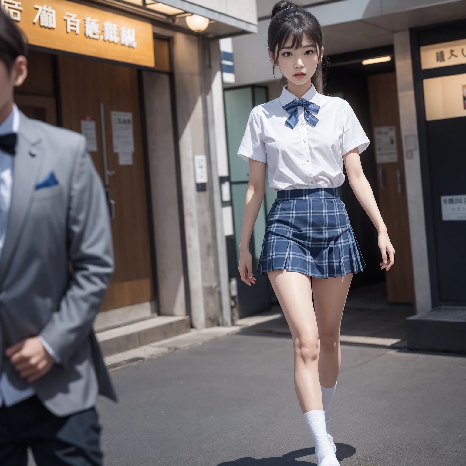 (8k、原始photography、quality、Masterpiece:1.2),whole body Esbian,Masterpiece,quality、ultra high resolution,原始photo,allow,beautiful turd,one person, solo,Eye镜,,dark look,Small,whole body,圆Eye镜、可爱的Small、a japanese lady, permanent,(Eye睛紧绷,bullish,skinny,file,anger,Small山雀,flat chest)、(Realism:1.37)、photon mapping,Light blue ribbon,actual、可爱的Small脸,棕色Eye睛、black socks、red bow tie、radio city、Physically based rendering、prospect、Depth of field lurry background、photo,girly mood, long legs, slim legs, Single knot ponytail,Let your hair flow forward、(Bangs are clearly visible), hair, lips, blue_Eye, nose software, light blue blouse, Navy blue and white plaid pleated skirt, transparent costume,, thigh, Black cotton socks,nogizaka idol, , Japan Ita