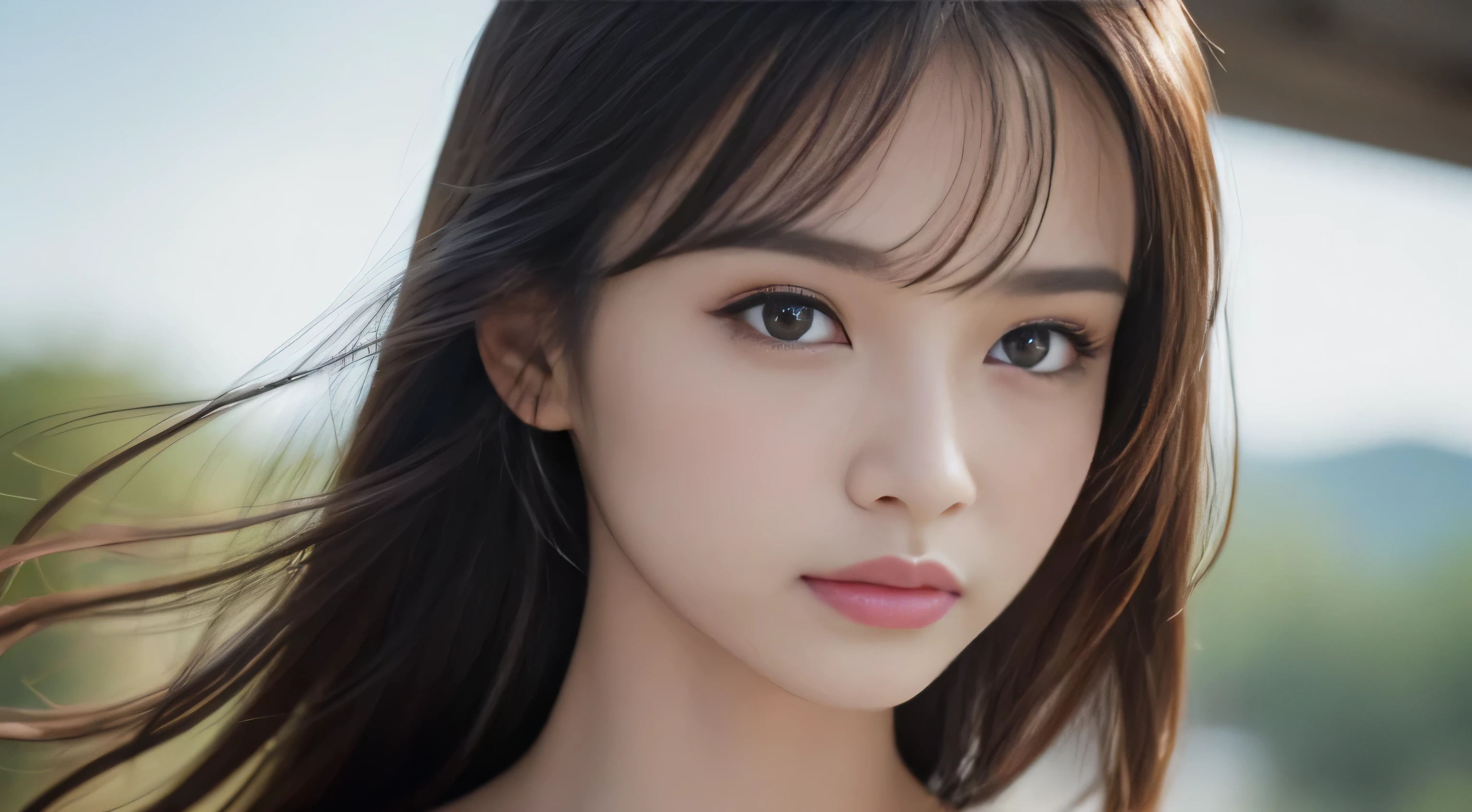 ((best image quality、highest quality、Super high quality 1.5、Super high quality 1.5、32K、8K、ticker、RAW photo、very clear image、very clear image quality、Photoreal 1.3、Super detailed 1.2, small details, High resolution, wall , perfect dynamic composition, masterpiece, surreal,非常に詳細な CG Unity 32K wall紙,realistic pictures、real human being))、sexyなCカップ、sexy&22 year old beautiful girl with cute looks & かわいい美しいsexyな顔, The strong wind blows the hair in front of my face,(長い前髪に隠れた美しくキュートでsexyな目をした美しいブラウンのストレートヘア)