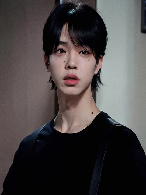 there is a man with a black shirt and a black bag, Jimin\the full lips, park Jimin, Jimin, accurate Jimin face, Jimin\the right eyelid is swollen, Park Jimin, Jimin\o nariz grego, Jimin de cabelo preto, Park Jimin, Park Jimin, Jimin Park, Jimin, Park Jimin, Korean and pale face
