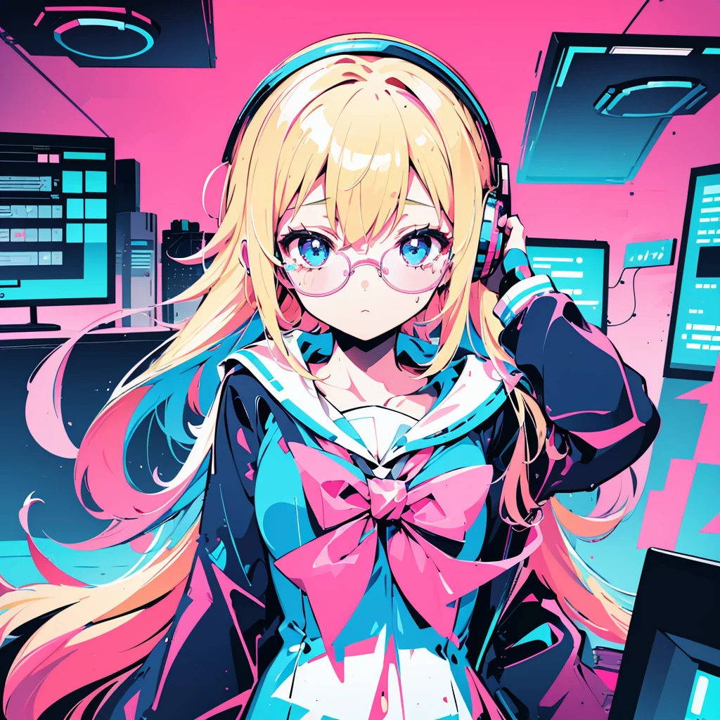 (1 girl, blonde hair, blue eyes, sailor suit, glasses, headphone, kawaii), (pink cyberpunk, room with big monitors, pink neon), (low contrast, flat color, limited palette)
