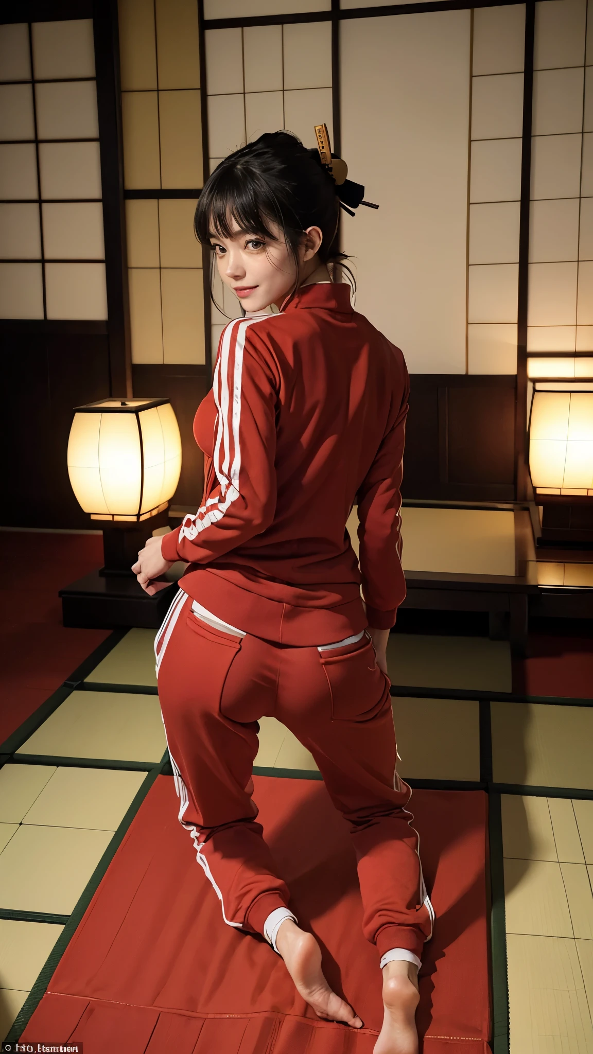 ((backwards:1.8, Point your butt at the camera:1.8, Japanese-style room at the ryokan:1.8)), ((Red tracksuit:1.8)), (smile:1.5), erect nipples, 1 girl, solo, 18-year-old, 7 head and body, Ideal ratio body proportions, black hair, With bangs, small breasts, slender, small butt, beautiful feet, skinny legs, Surrealism, cinematic lighting, Depth of bounds written, first person perspective, Breasts F/1.8, 135mm, ticker, muste piece, curate, ((anatomically correct:1.3)), textured skin, super detail, high details, high quality, Awards, best quality, High resolution, 8K