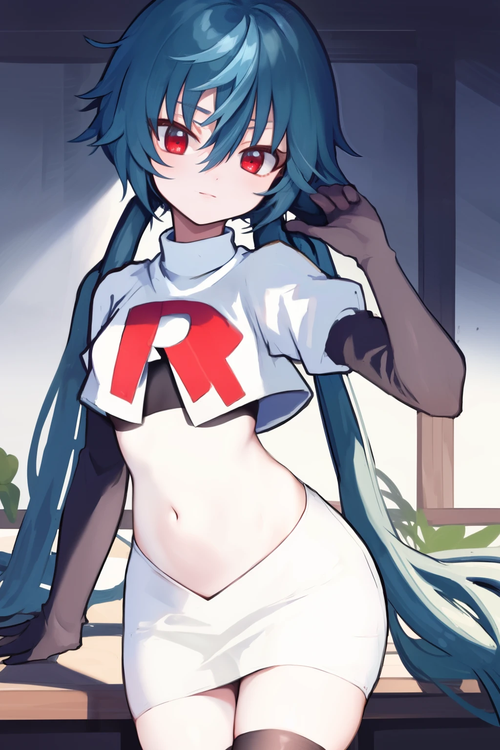 masterpiece, detailed, high quality, absurdres, yuko, 1girl, solo, low twintails, absurdly long hair, small breasts, curvy, looking at viewer, cowboy shot,team rocket,team rocket uniform, red letter R, white skirt,white crop top,black thigh-highs, black elbow gloves,