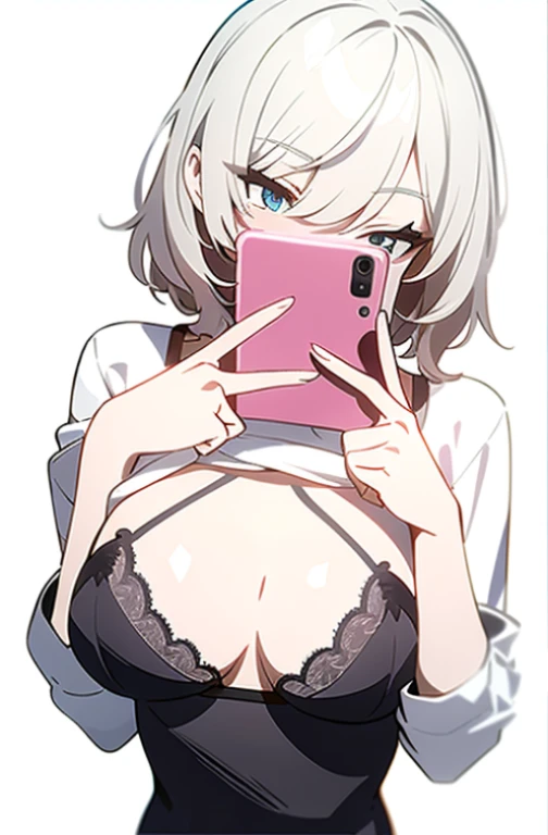 Anime girl in lingerie takes selfie with mobile phone,, wearing bra, mobile phone in front of covering face, one hand on own chest, lifted by self, shirt lift, white background, head out of frame, white background,
