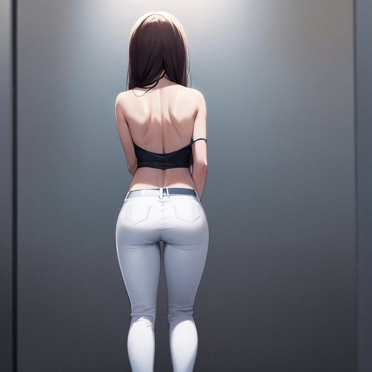 A woman wearing only white pants、The back of his pants is brown and swollen.