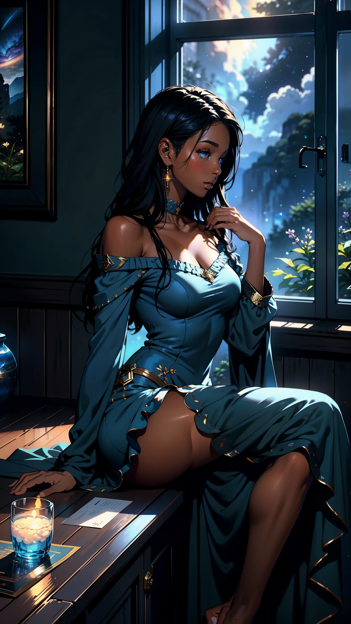 masterpiece, best quality, side profile of an extremely delicate and beautiful girl with dark skin, wearing an off the shoulder dress, resting on a windowsill, nightcore, world masterpiece theater, ultra-detailed, highly detailed, highres, extremely detailed,1girl with dark skin ,illustration, looking at the night sky, beautiful interior and exterior, impasto, canvas, oil painting, realistic, storybook style art, comfy atmosphere, very beautiful fantasy art, beautiful and elegant female celestial, beautiful detailed fantasy, blue color-theme