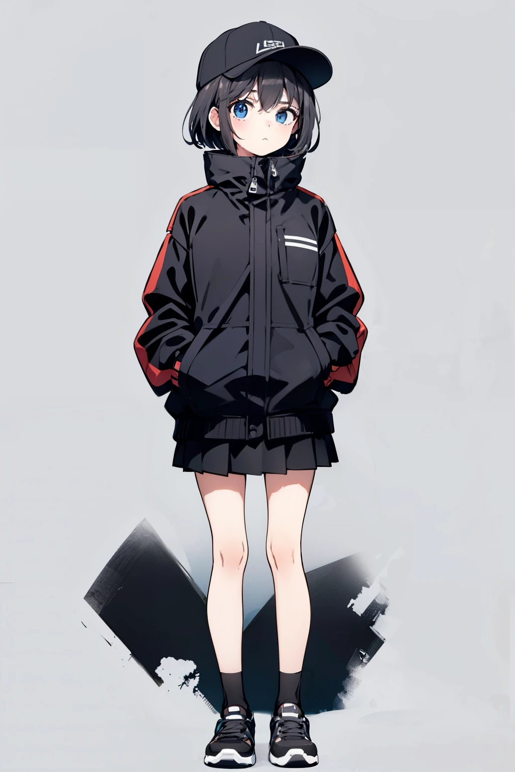 1girl, solo, blue eyes, (detailed eyes), flat chest, short hair, black hair, baseball cap, white cap, (waterproof jacket), large jacket, ((black jacket)), skirt, black skirt, black socks, standing, (hands in pockets), ((closed sweater)), upper body, (white background), Transparent background, looking at viewe, ((masterpiece, illustration, best quality)) 