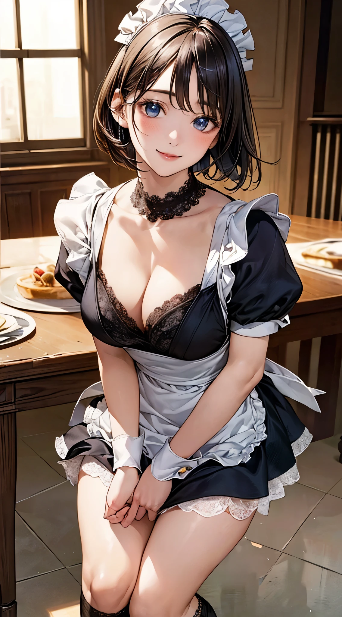 (masterpiece:1.2, top-quality), (realistic, photorealistic:1.4), beautiful illustration, (natural side lighting, movie lighting), 
looking at viewer, cowboy shot, front view:0.6, 1 girl, japanese, maid, perfect face, cute and symmetrical face, shiny skin, 
(short hair:1.2, bob cut:1.2, black hair), asymmetrical bangs, blue eyes, (large breasts:0.8, thick thighs), 
beautiful hair, beautiful face, beautiful detailed eyes, beautiful clavicle, beautiful body, beautiful chest, beautiful thigh, beautiful legs, beautiful fingers, 
(({maid dress | pinafore dress}, maid headdress, maid shoes, short socks with lace)), white panties, 
(beautiful scenery), {day|night}, {kitchen room | dining room | living room}, standing, {hands on chest | hands between legs}, birthday cake, (lovely smile, upper eyes), 