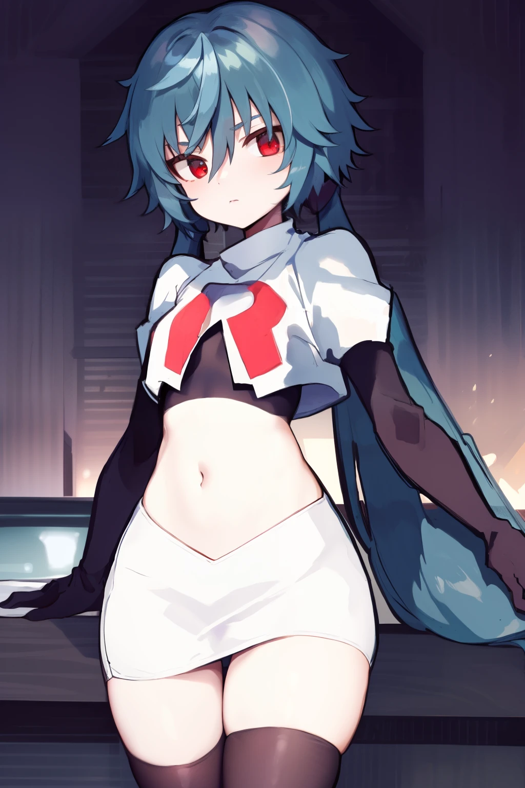 masterpiece, detailed, high quality, absurdres, yuko, 1girl, solo, low twintails, absurdly long hair, small breasts, curvy, looking at viewer, cowboy shot,team rocket,team rocket uniform, red letter R, white skirt,white crop top,black thigh-highs, black elbow gloves,