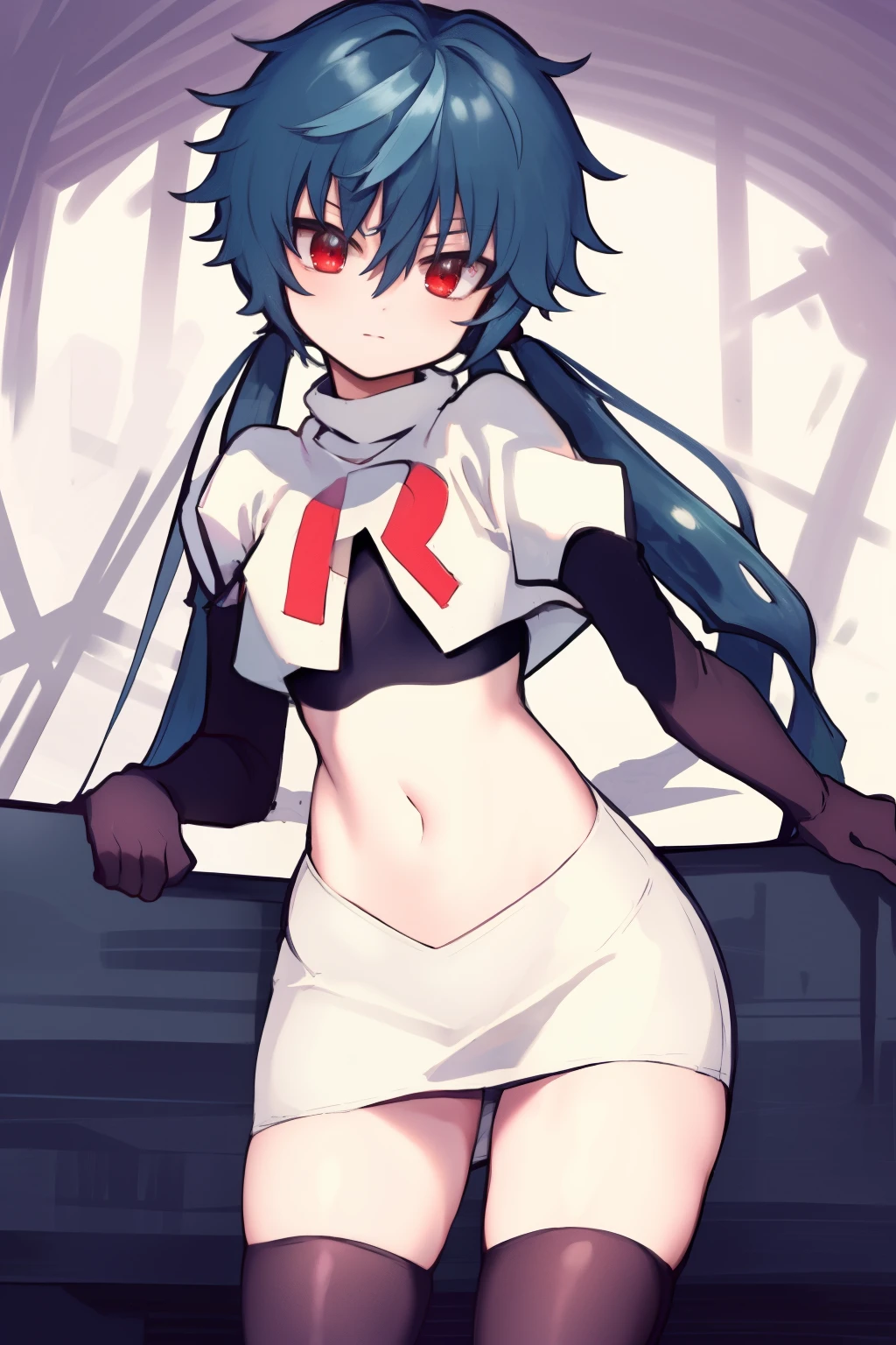 masterpiece, detailed, high quality, absurdres, yuko, 1girl, solo, low twintails, absurdly long hair, small breasts, curvy, looking at viewer, cowboy shot,team rocket,team rocket uniform, red letter R, white skirt,white crop top,black thigh-highs, black elbow gloves,