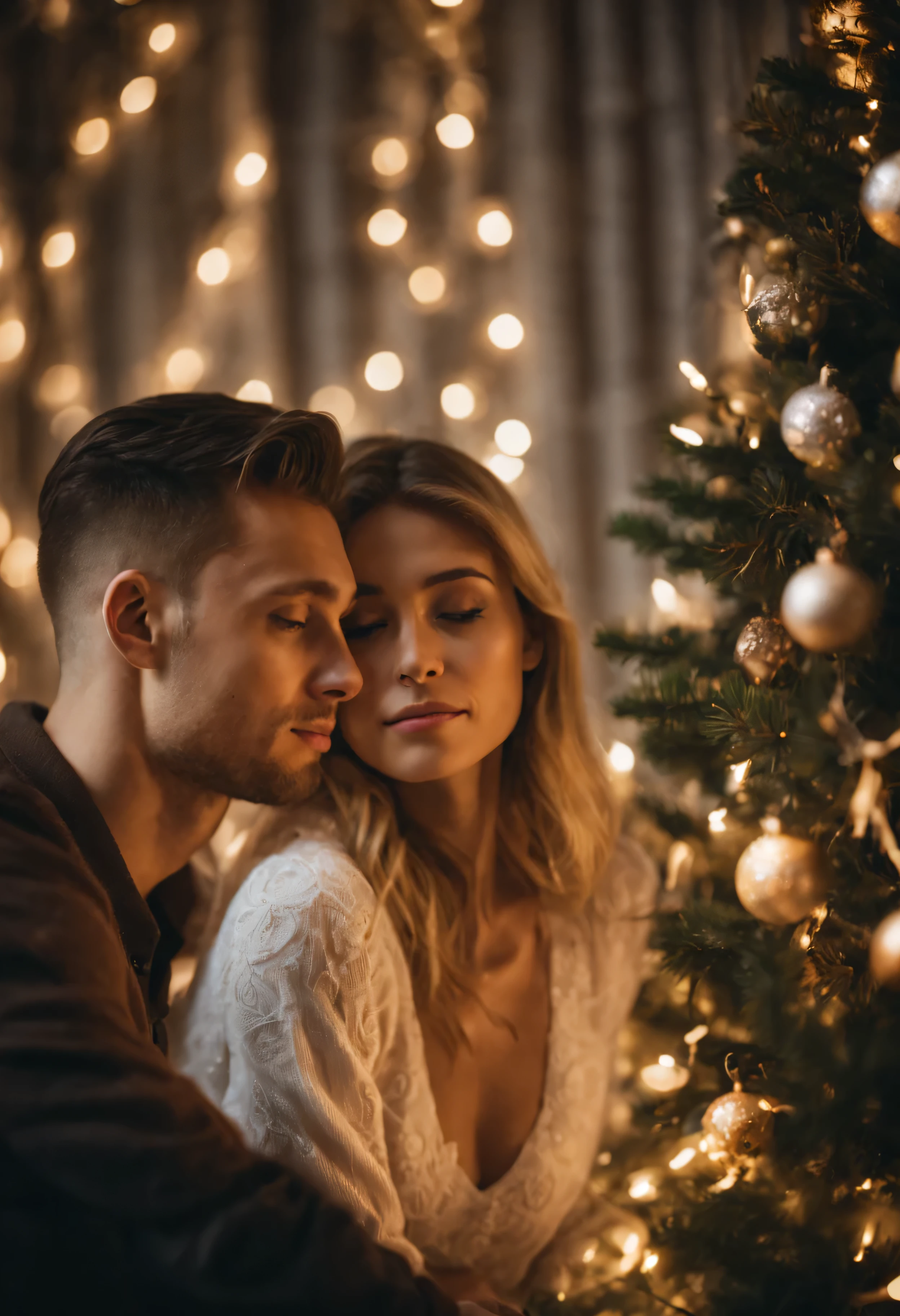 в Focusе внимания,their faces are very close,Beautiful young couple in love,We look at each other with love,beautiful girl and guy,in the background there is a New Year&#39;s mood with Christmas tree garlands,soft light, Focus,high detail,HIGH HYPER QUALITY 8K