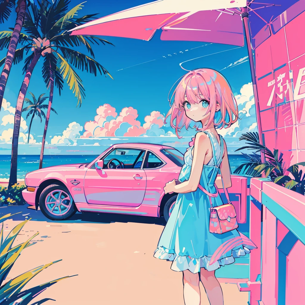 (seaside, pink sky, palm tree, blue classic car, blue and pink neon), (1 girl, pink hair, blue sundress, kawaii)