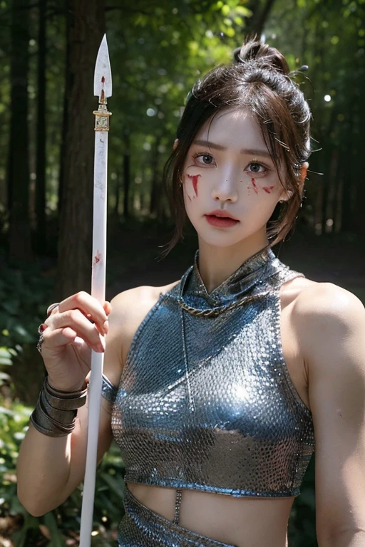 Extremely detailed CG Unity 32K wallpaper, (raw photography, masterpiece, ultra-high definition, highest resolution:1.1), authentic, highest quality, (correct anatomy:1.5), (intricately detailed face, extremely realistic skin texture:1.2), professional photo, grotesque, POV, 1 girl, ((female warrior:1.5)), Japanese , 15 yrom front:1.4), solo, cowboy short, looking at viewer, (oval and slim outline of the face:1.4), black hair, (SINGLE hair bun:1.5), fairly detailed skin, (sweat, tan:1.3), highly detailed eyes, (bright and dark eyes, tears:1.5), (tall nose:1.4), hyper-realistic nose and lips, expressionless, standing, ((chain mail:1.4)), (slender:1.5), (muscular, beautiful breast:1.3), ((wounded, injured, bleeding:1.5)), (((1 spear had pierced the girl’s torso, penetrating injury of the torso:1.5))), (((bleeding from the injury, bloody, gore:1.4))), (((holding 1 sword in right hand:1.2))), (((outdoor, medieval era, battlefield, vandalized village of Asia:1.3))), (curvy outline of female body, perfect body proportion:1.5), sharp focus, depth of field, cinematic lighting, fairly detailed limbs, (perfect anatomy of the limbs:1.4), highly detailed hands, (correct anatomy of the hands:1.5),