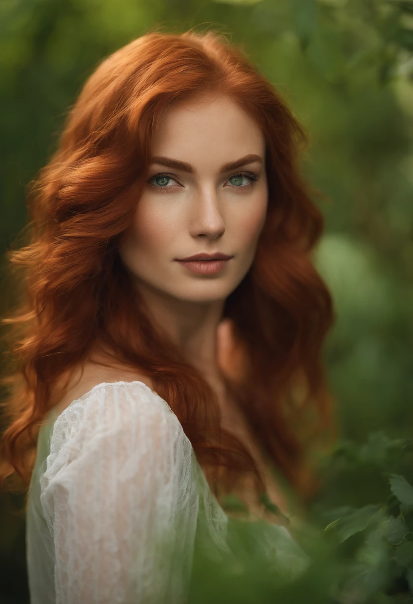 A girl with red hair and freckles, having short hair, captivating green eyes, and a thick build. Her appearance is further enhanced by a tiny stature and a big, well-defined buttocks, along with small, natural breasts. She exudes confidence and sensuality. In line with her carefree nature, she prefers not to wear pants, embracing her natural beauty. She proudly flaunts her hairy armpits and a similarly untamed, well-maintained bush around her private area. The overall image quality should be the best, with vibrant colors and sharp focus, capturing every single detail of her unique features. The art style should be realistic, enhancing the photo-realistic quality of the image. The color tones should be rich and warm, emphasizing the red hair and green eyes of the girl. The lighting should be natural and flattering, creating a soft and warm atmosphere around her.