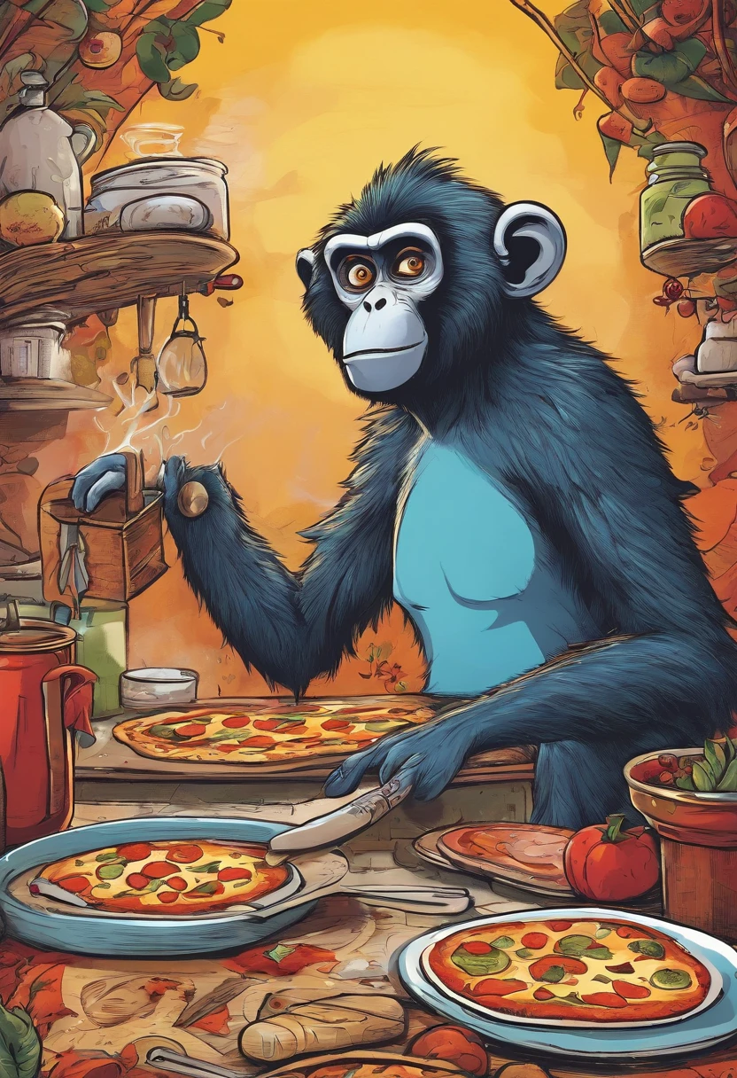 Macaco cozinheiro fazendo uma pizza Tim Burton estilo quadrinhos 2d grafit
