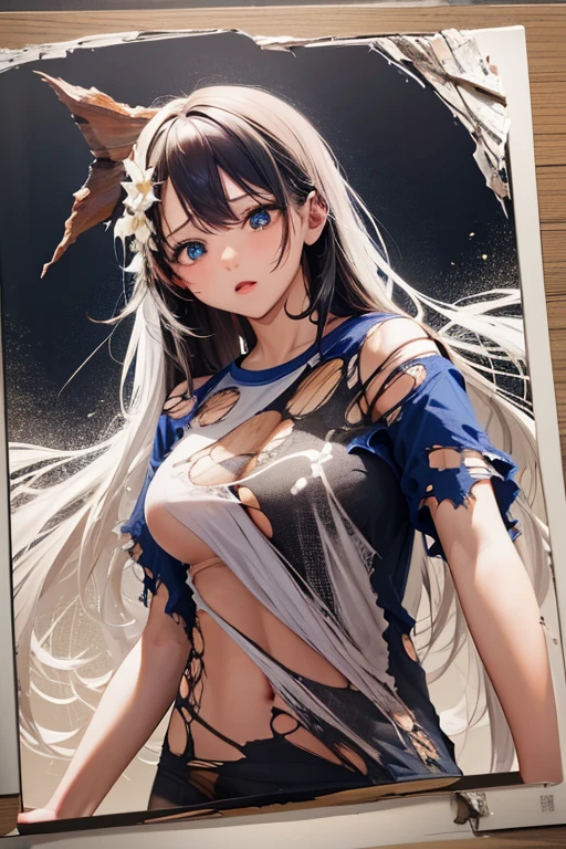 ((Finest quality)),(超A high resolution),(ultra-detailliert),(Meticulous portrayal),((best pictureinest works of art),Ultra-Precision Art,The art of astounding depiction, (1人の女性:1.5),(((Torn T-shirt:1.8)))