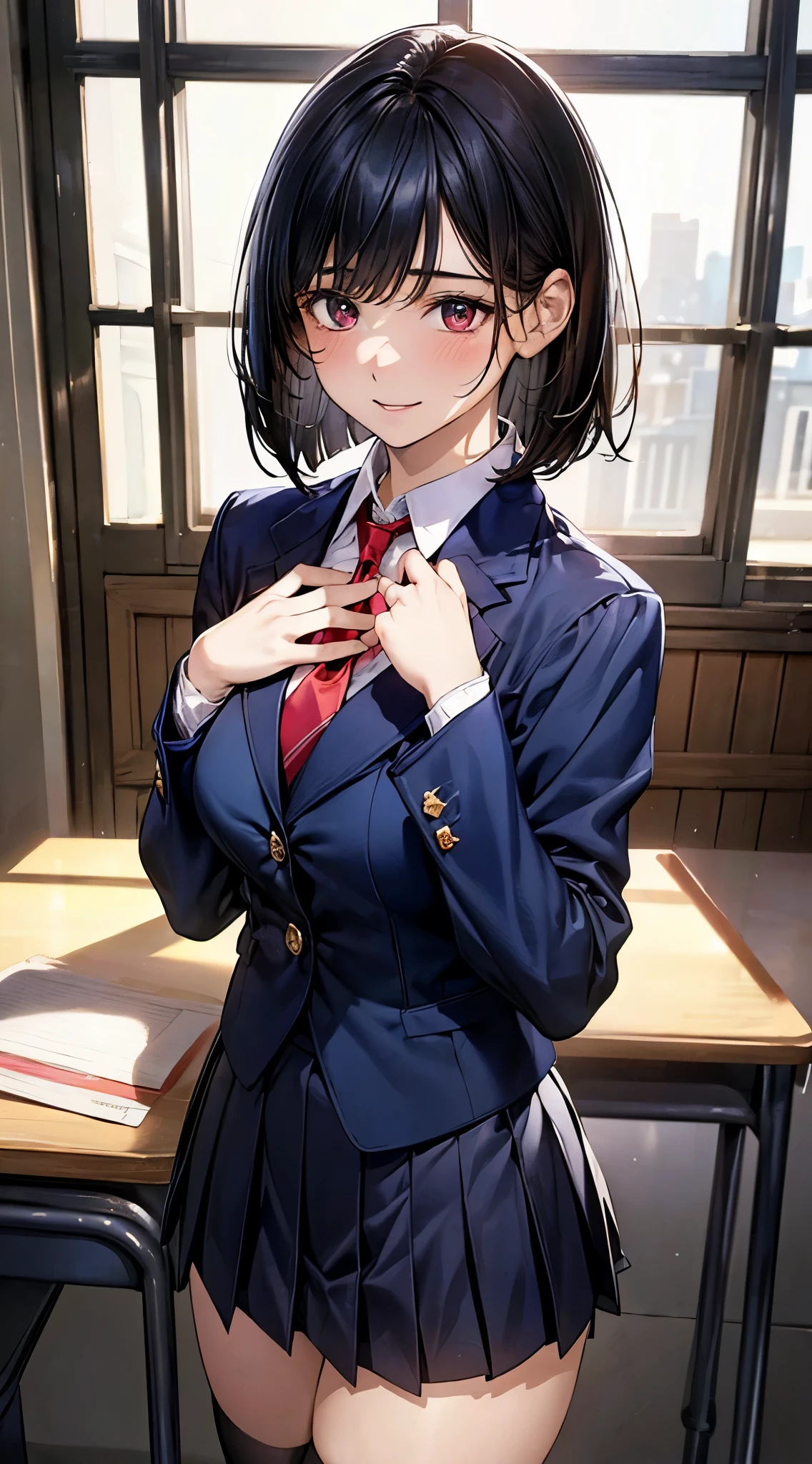 (masterpiece:1.2, top-quality), (realistic, photorealistic:1.4), beautiful illustration, (natural side lighting, movie lighting),
looking at viewer, cowboy shot, front view:0.6, 1 girl, japanese, high school girl, perfect face, cute and symmetrical face, shiny skin,
(short hair:1.2, bob cut:1.2, black hair), hairline, asymmetrical bangs, red eyes, long eyelasher, (large breasts:0.9, thick thighs),
beautiful hair, beautiful face, beautiful detailed eyes, beautiful clavicle, beautiful body, beautiful chest, beautiful thigh, beautiful legs, beautiful fingers,
((navy blazer, light blue collared shirts, navy pleated mini skirt, socks, red ribbon tie)), pink panties,
(beautiful scenery), evening, school, classroom, curtains, walking, hands on chest, (lovely smile, upper eyes),